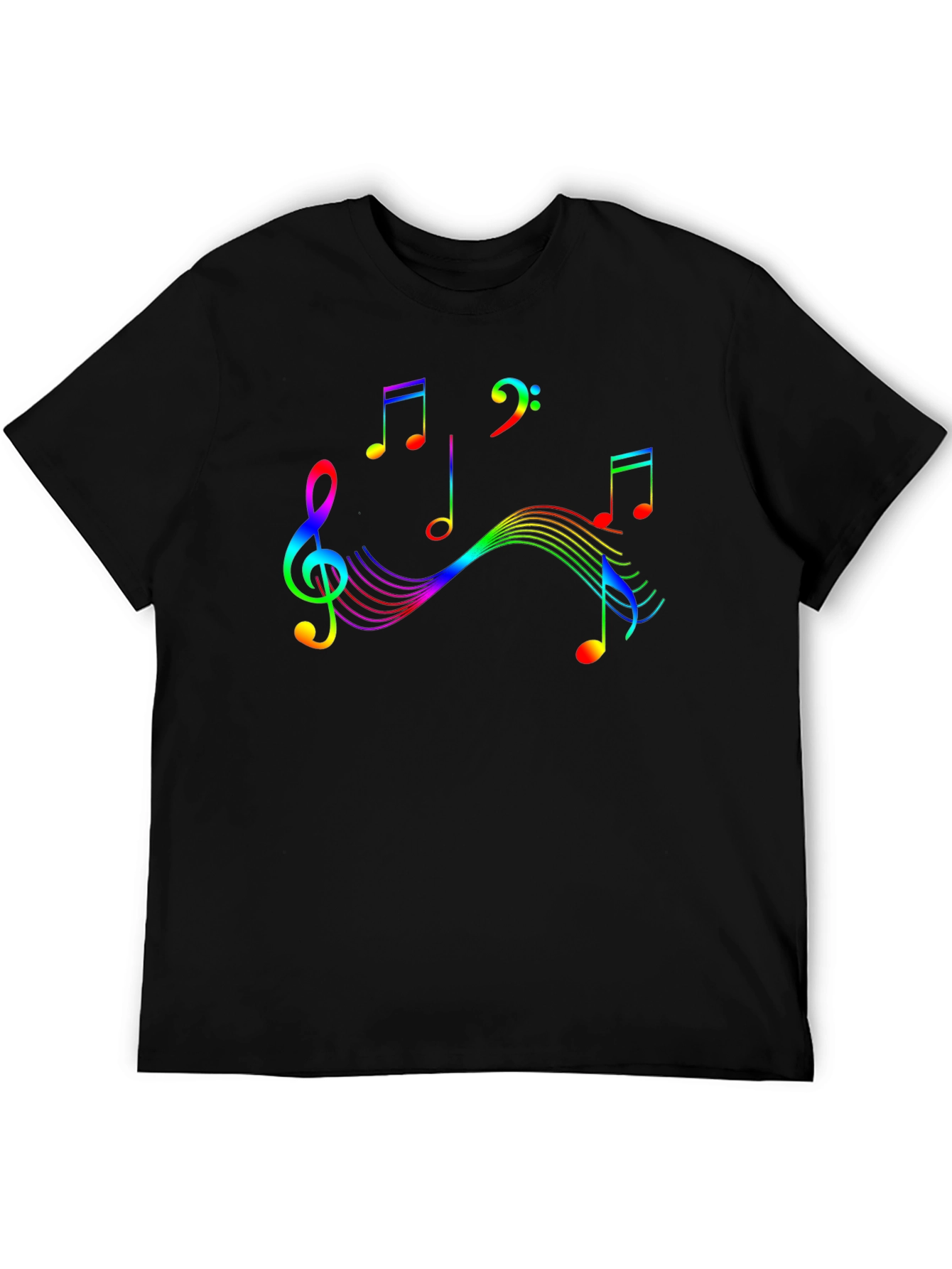 Rainbow Music Notes Graphic Black T-Shirt