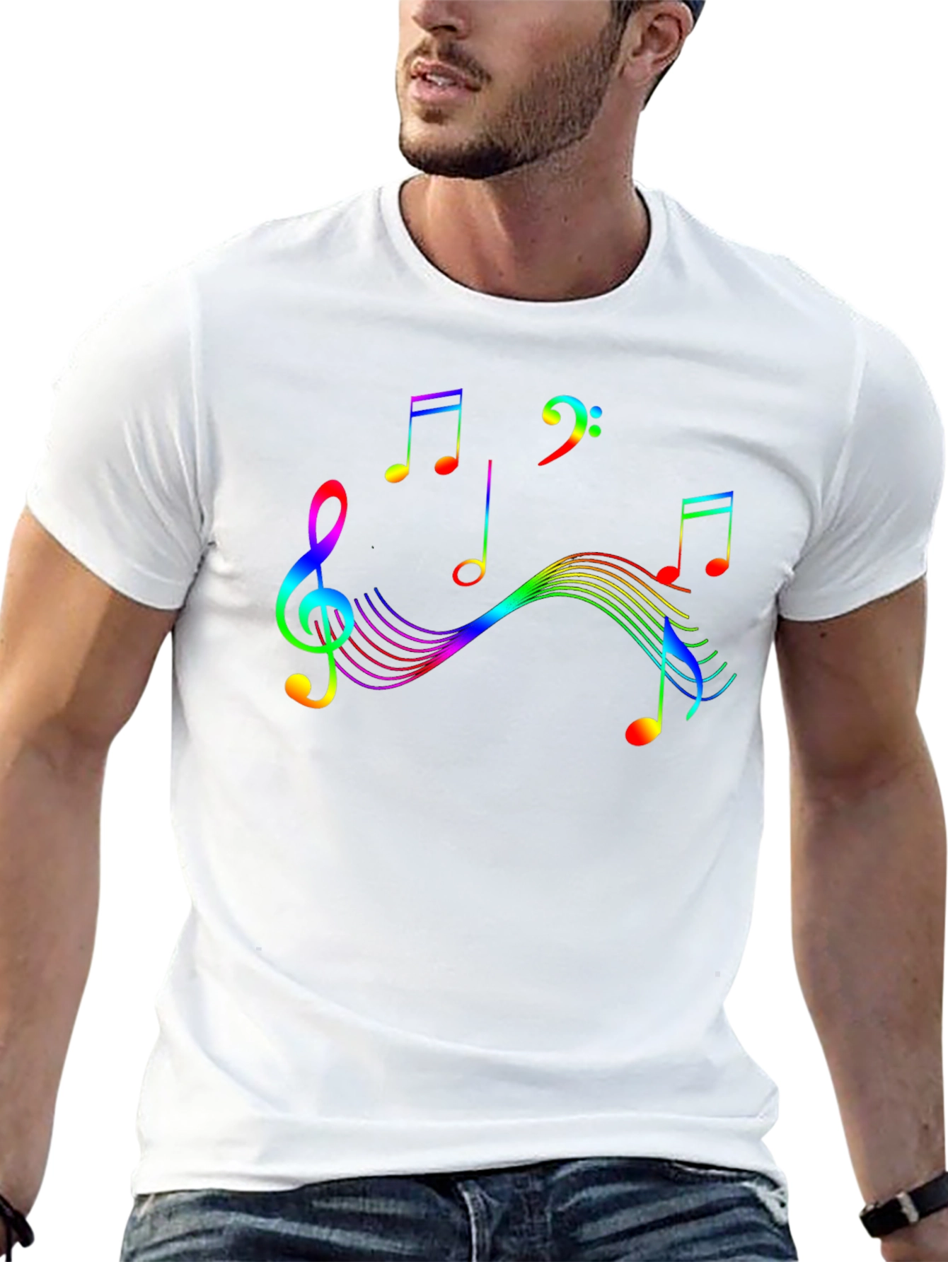 Rainbow Music Notes Graphic Black T-Shirt