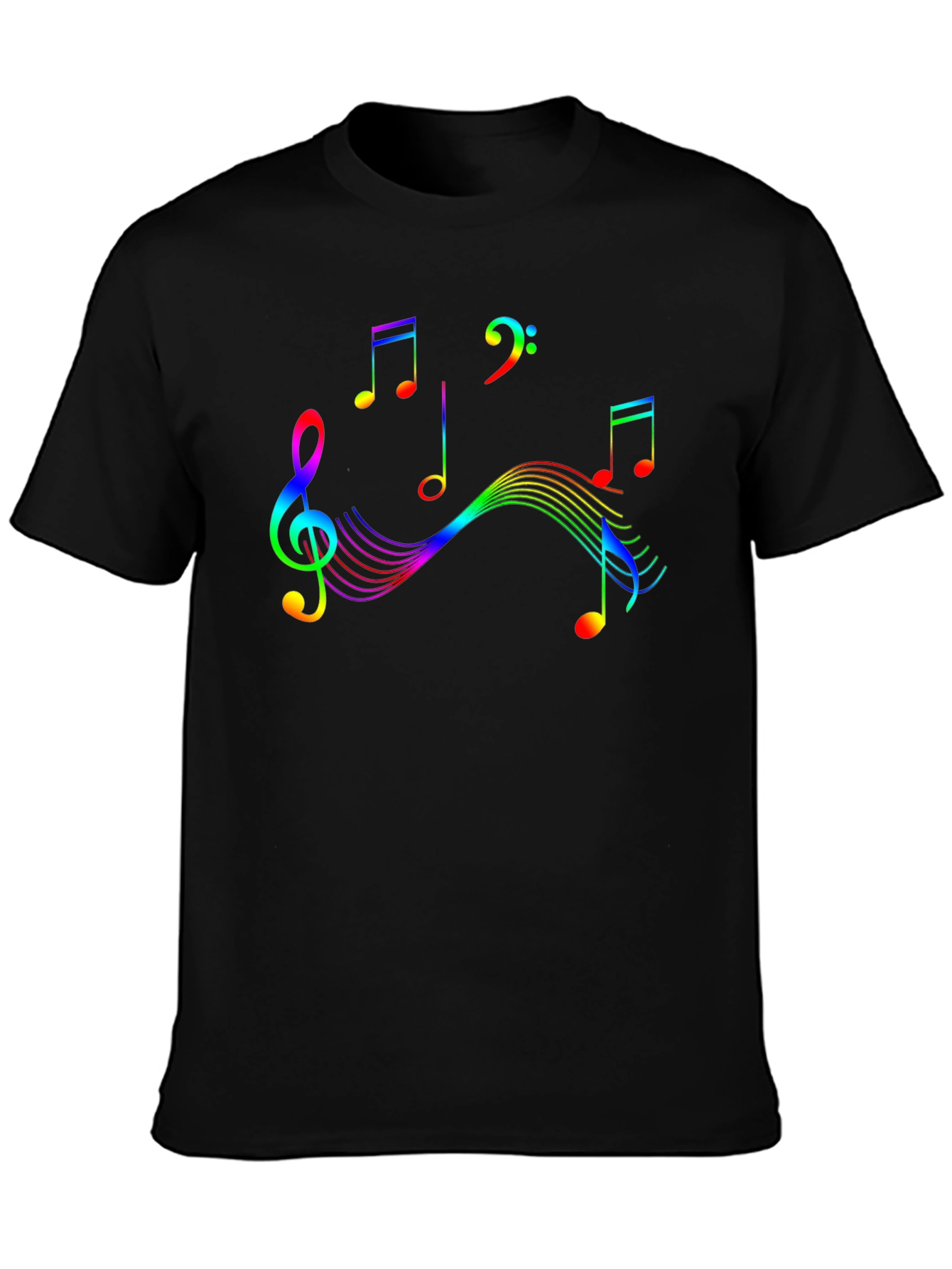 Rainbow Music Notes Graphic Black T-Shirt