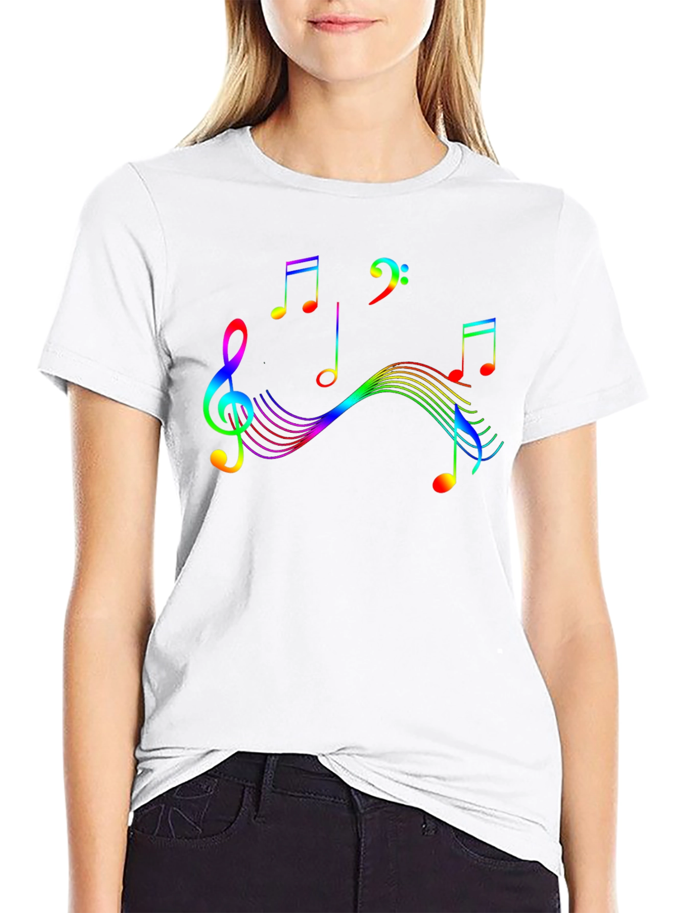 Rainbow Music Notes Graphic Black T-Shirt