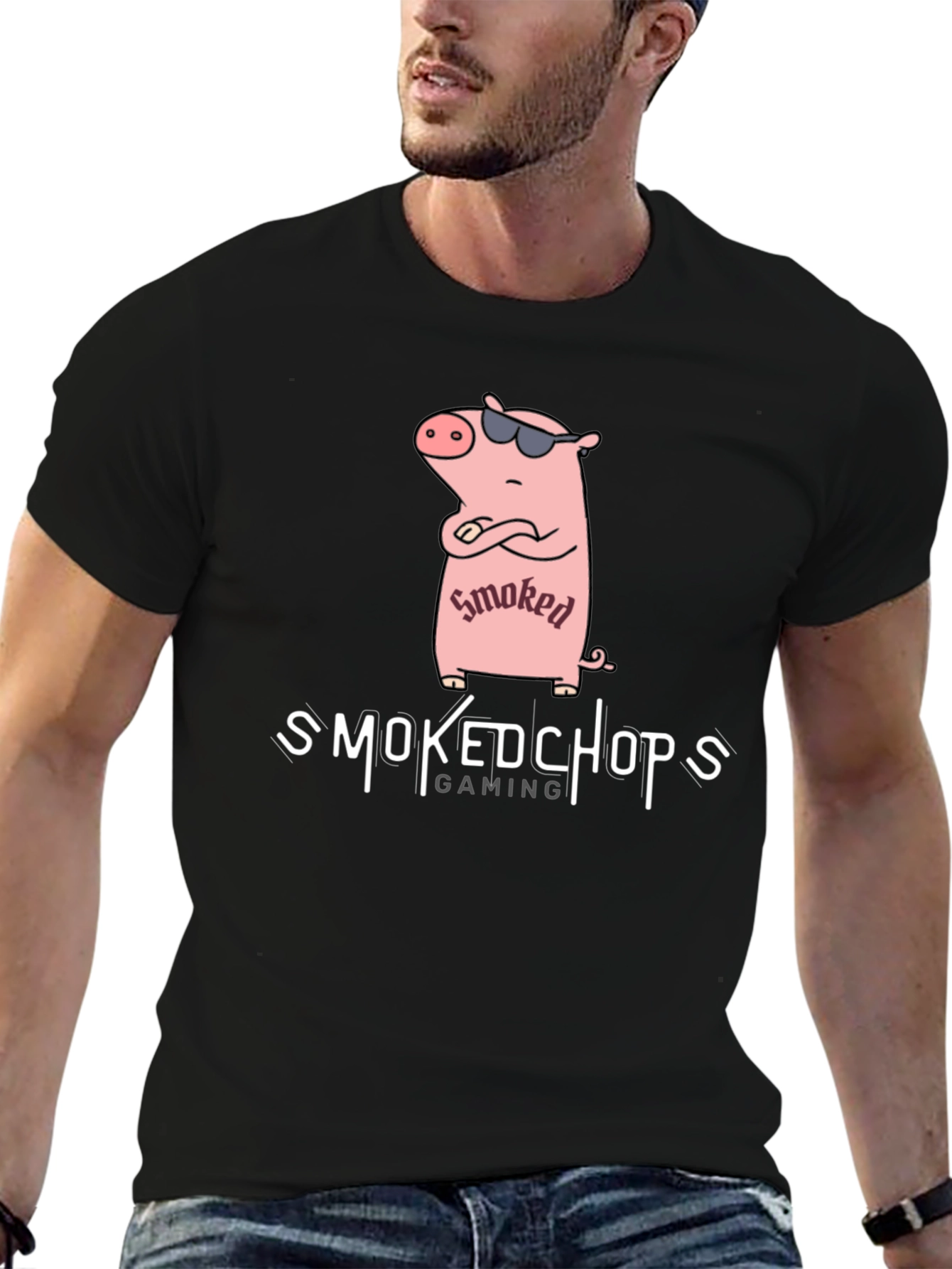 Smoked Chops Gaming Black T-Shirt with Pig Graphic