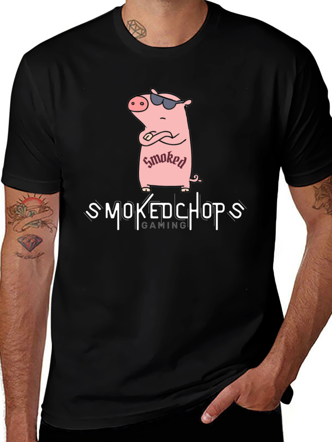 Smoked Chops Gaming Black T-Shirt with Pig Graphic