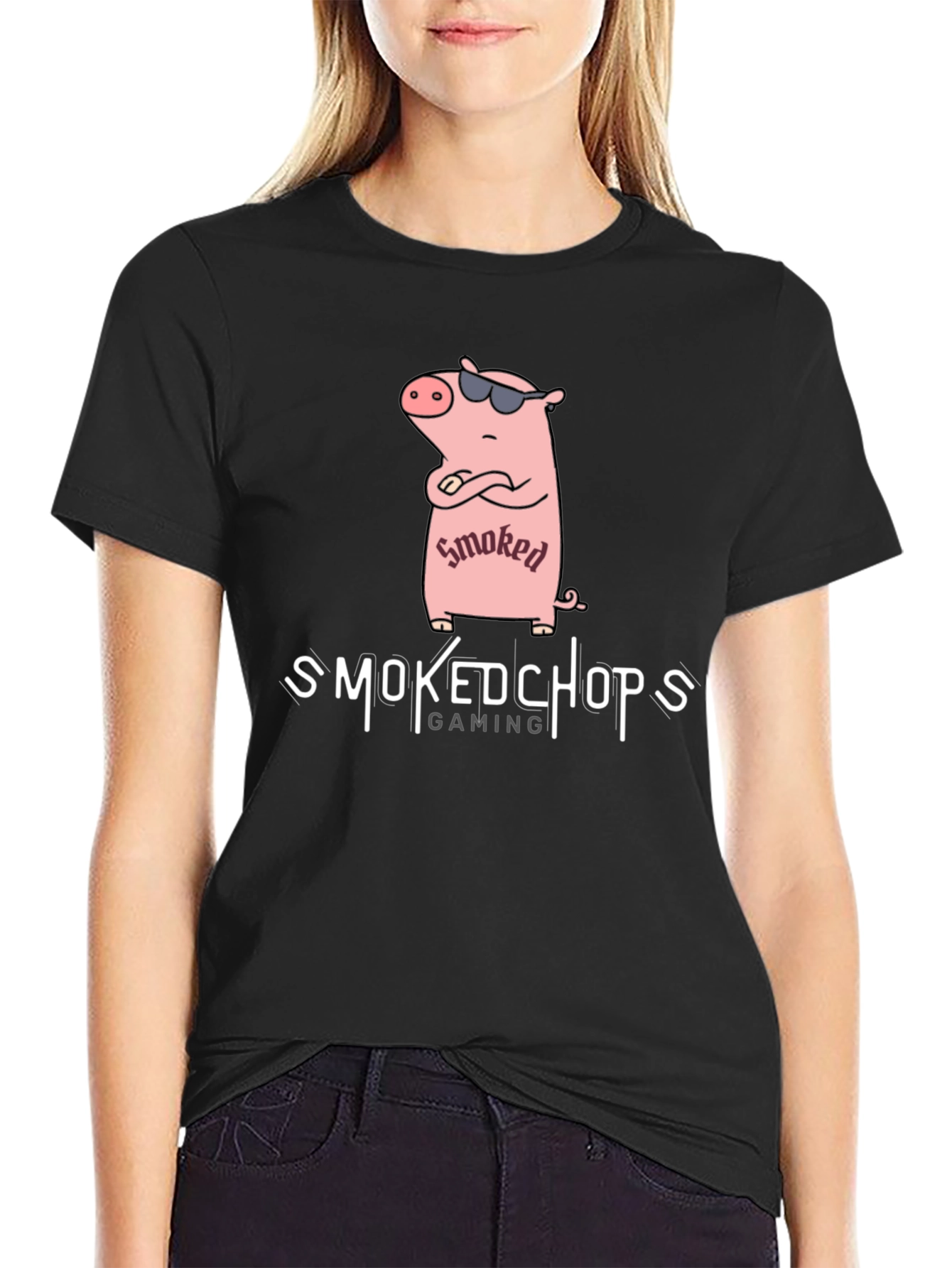 Smoked Chops Gaming Black T-Shirt with Pig Graphic
