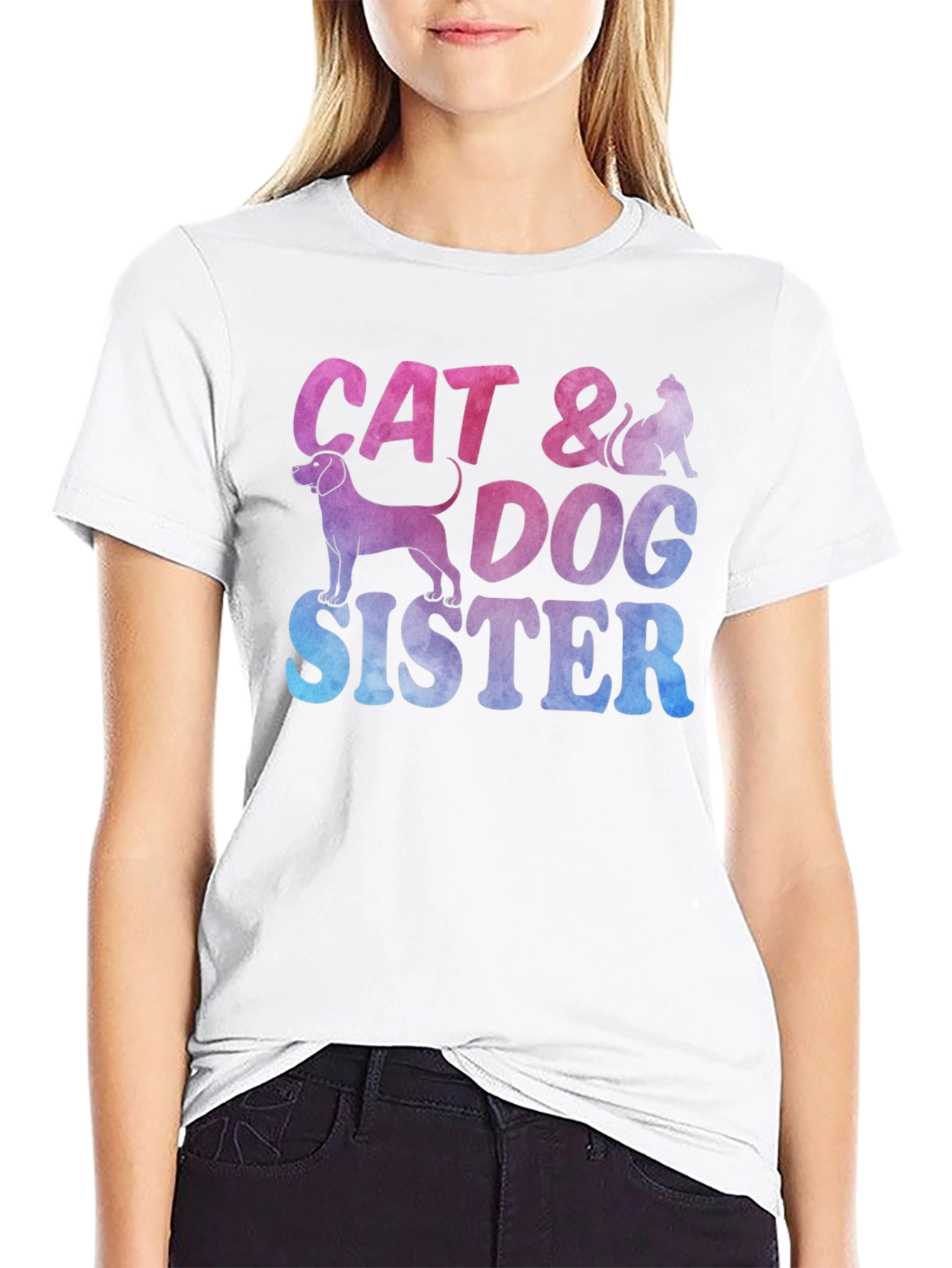 Cat & Dog Sister Novelty Graphic T-Shirt