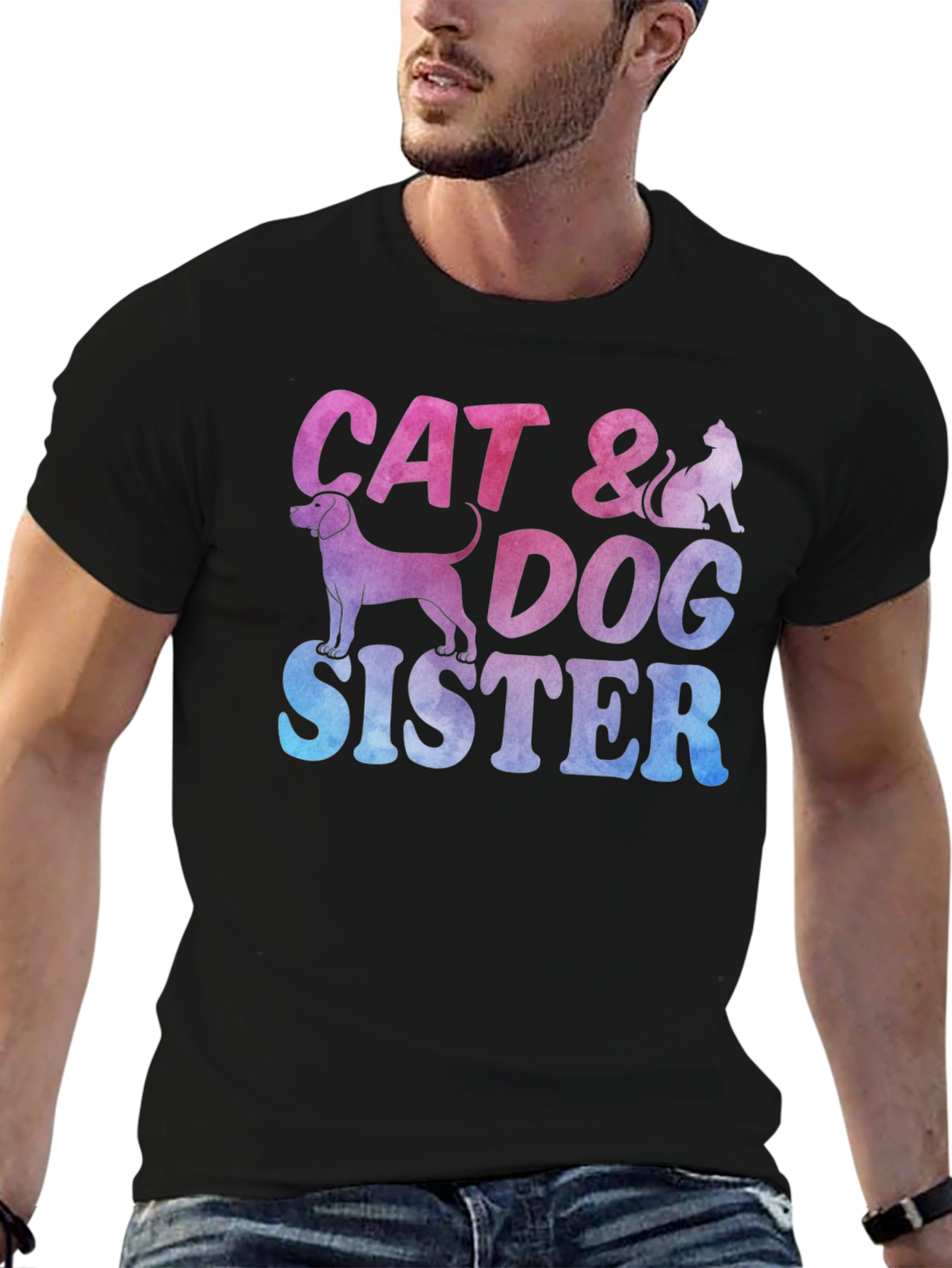Cat & Dog Sister Novelty Graphic T-Shirt