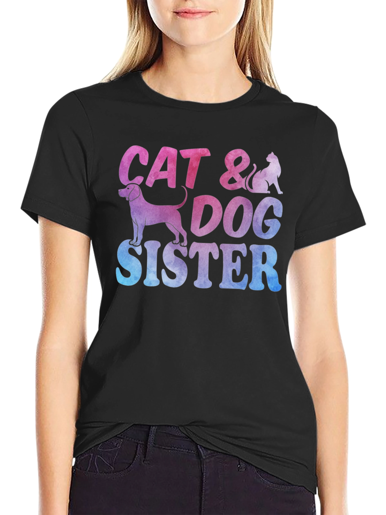 Cat & Dog Sister Novelty Graphic T-Shirt