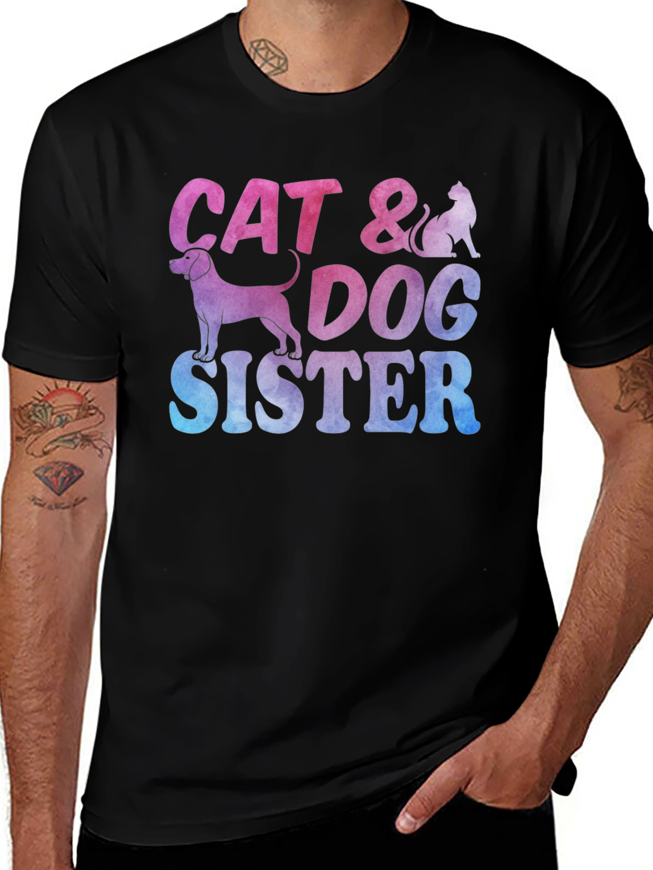 Cat & Dog Sister Novelty Graphic T-Shirt