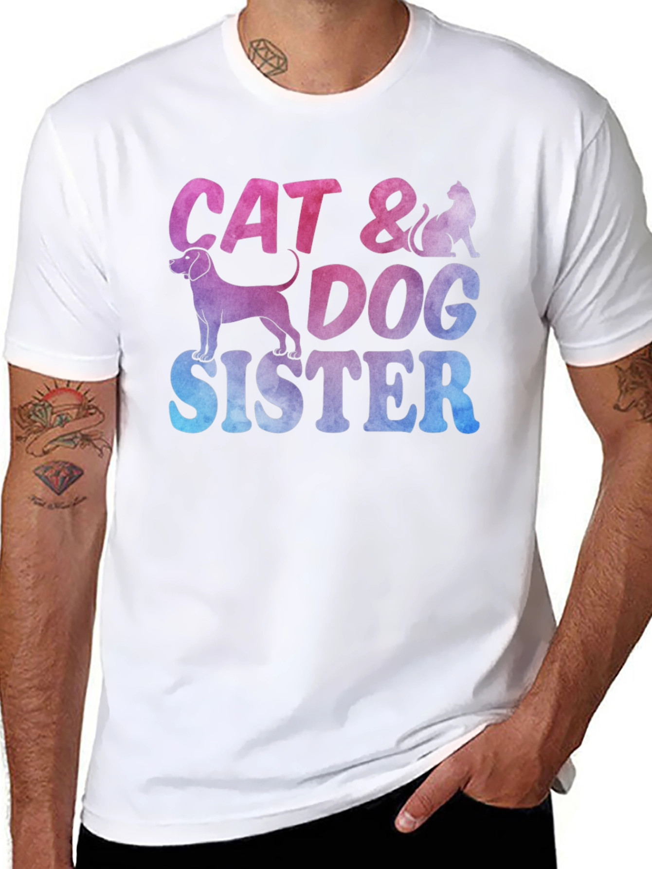 Cat & Dog Sister Novelty Graphic T-Shirt