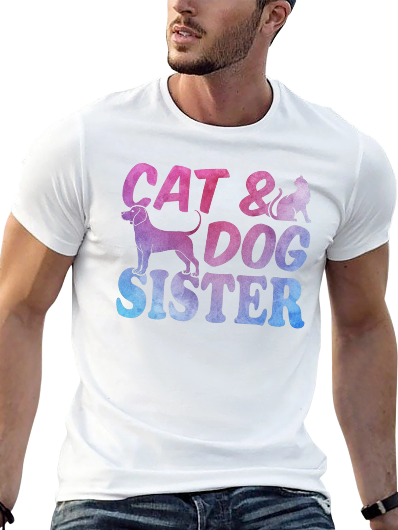Cat & Dog Sister Novelty Graphic T-Shirt