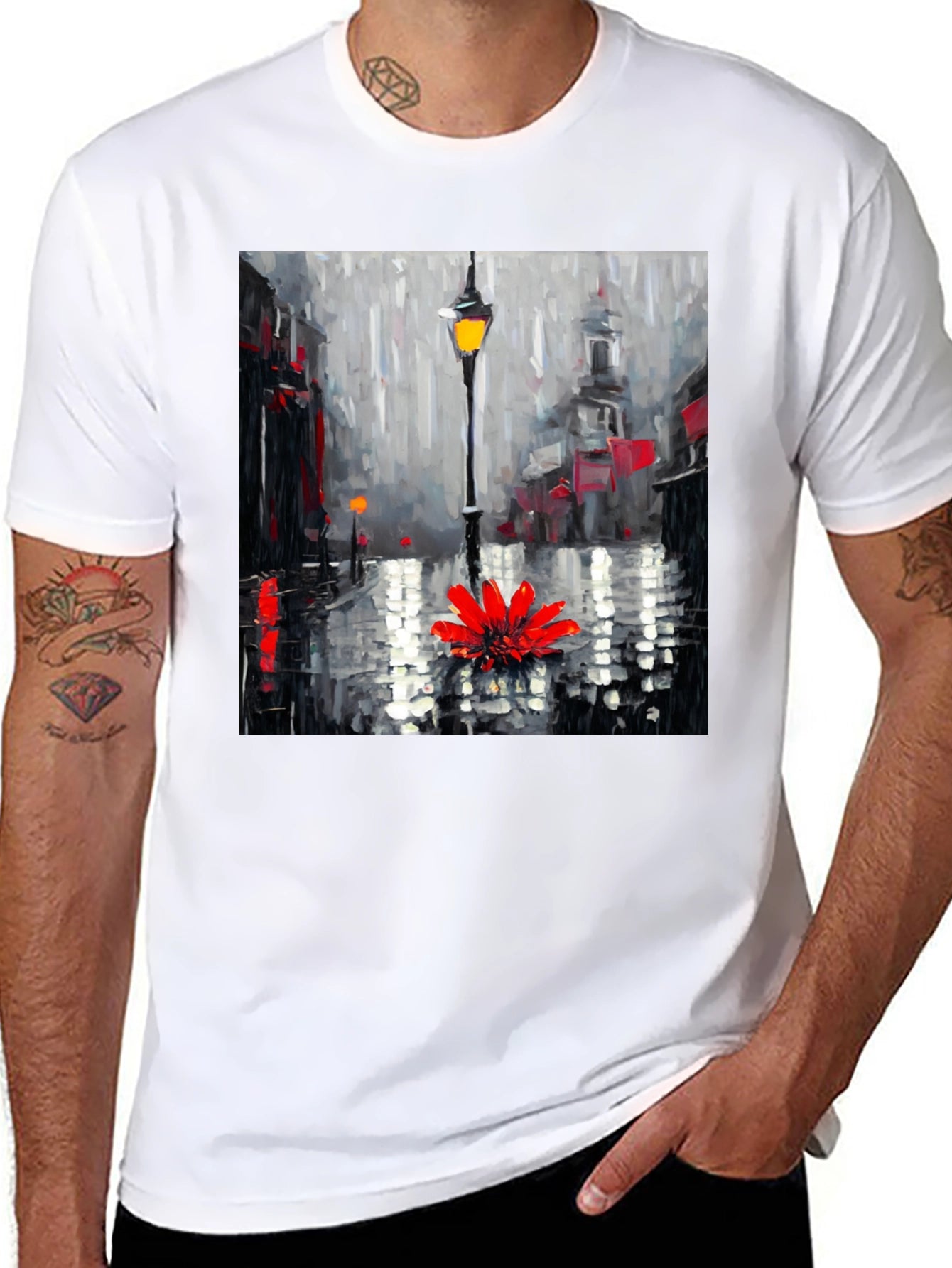 Rainy Day Flower Graphic Tee - Black Casual Shirt