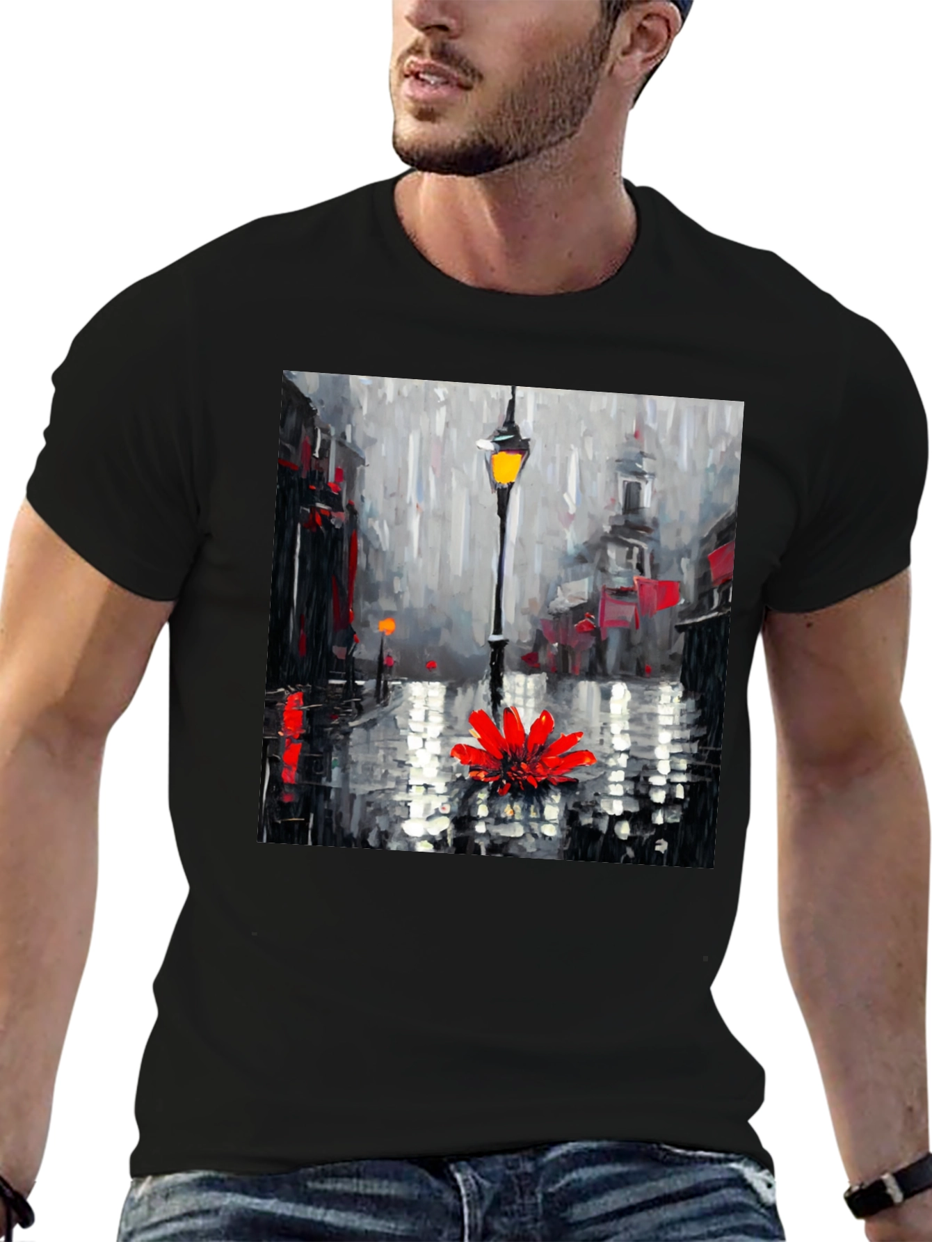 Rainy Day Flower Graphic Tee - Black Casual Shirt