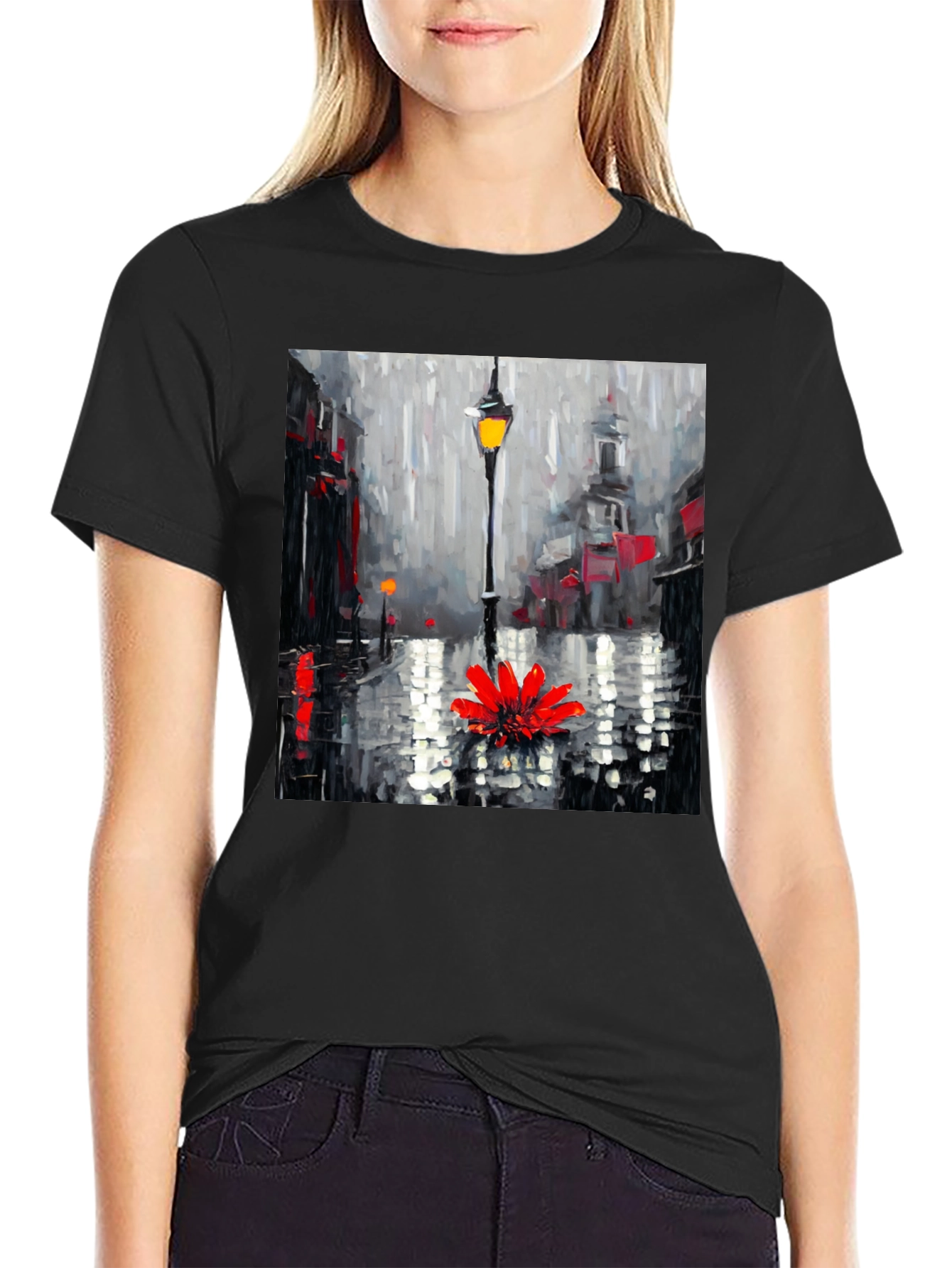 Rainy Day Flower Graphic Tee - Black Casual Shirt