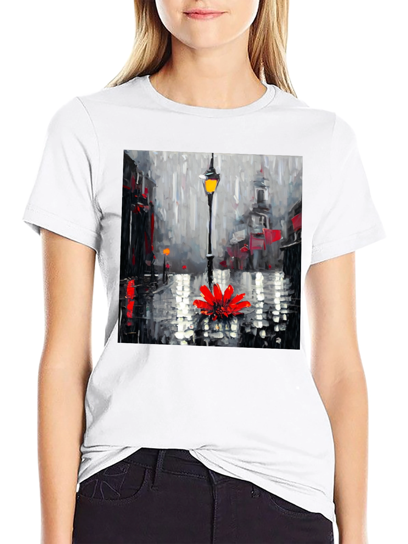 Rainy Day Flower Graphic Tee - Black Casual Shirt