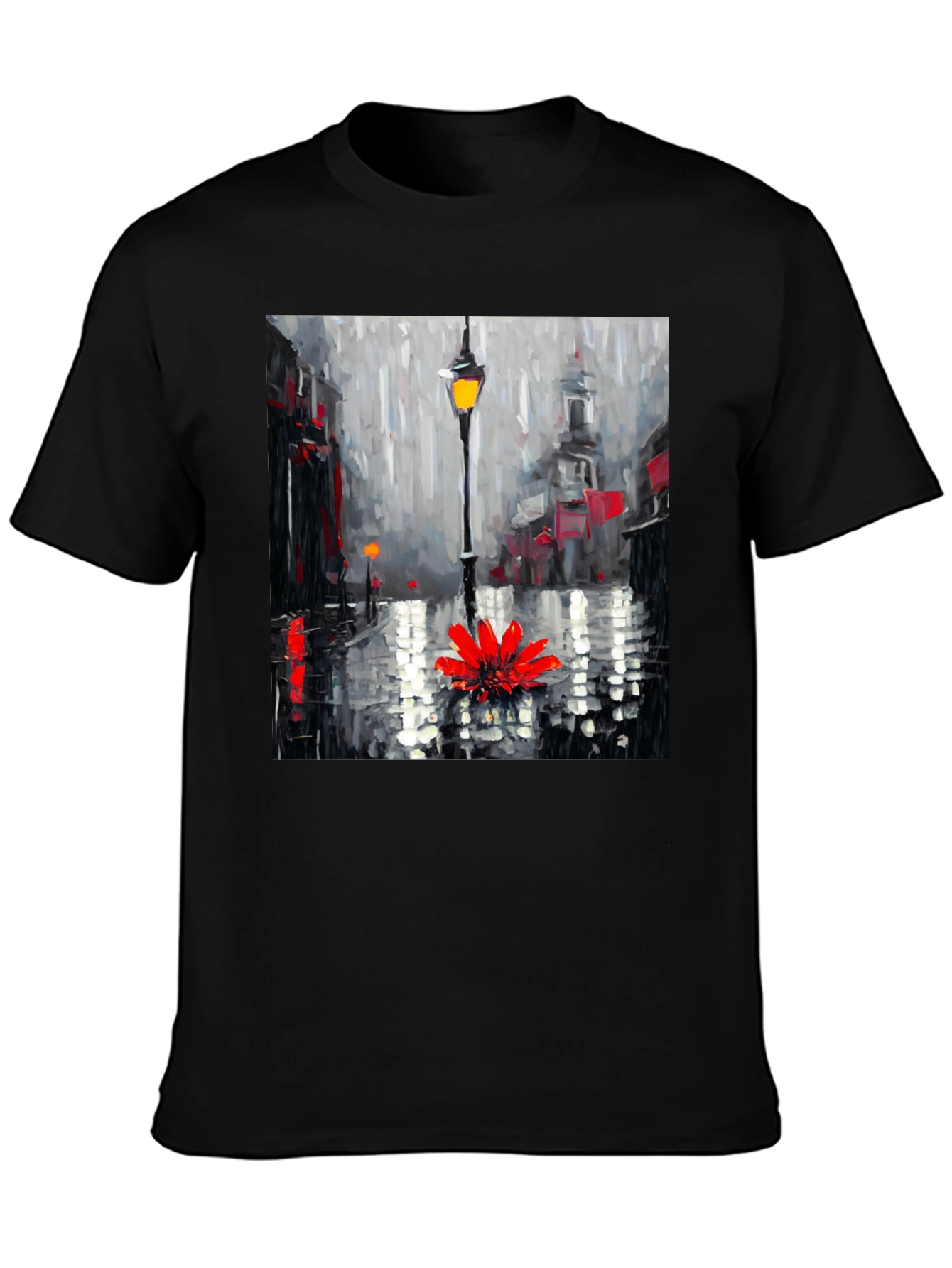 Rainy Day Flower Graphic Tee - Black Casual Shirt