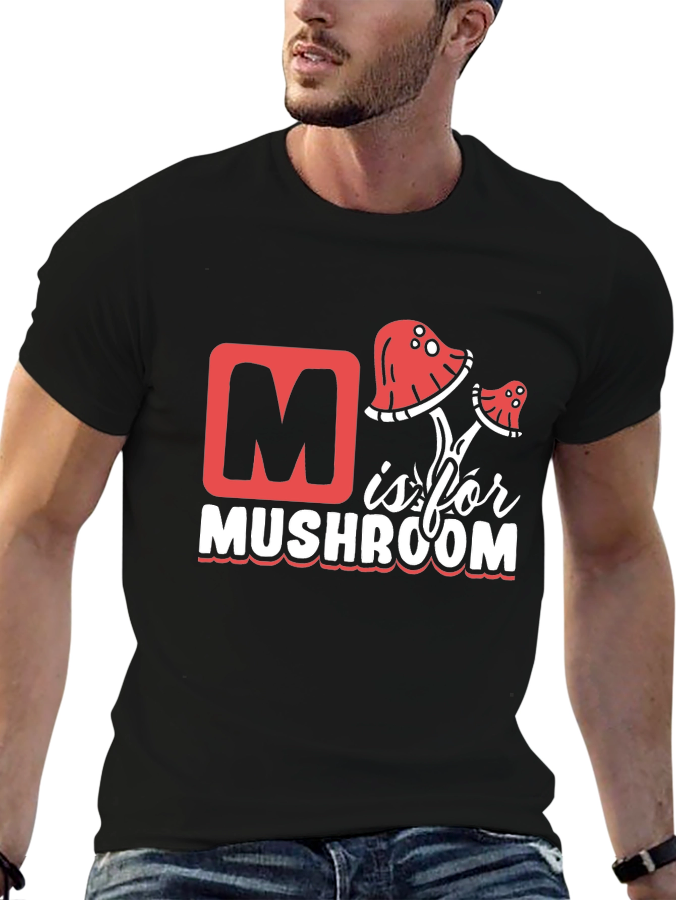 M is for Mushroom Black T-Shirt