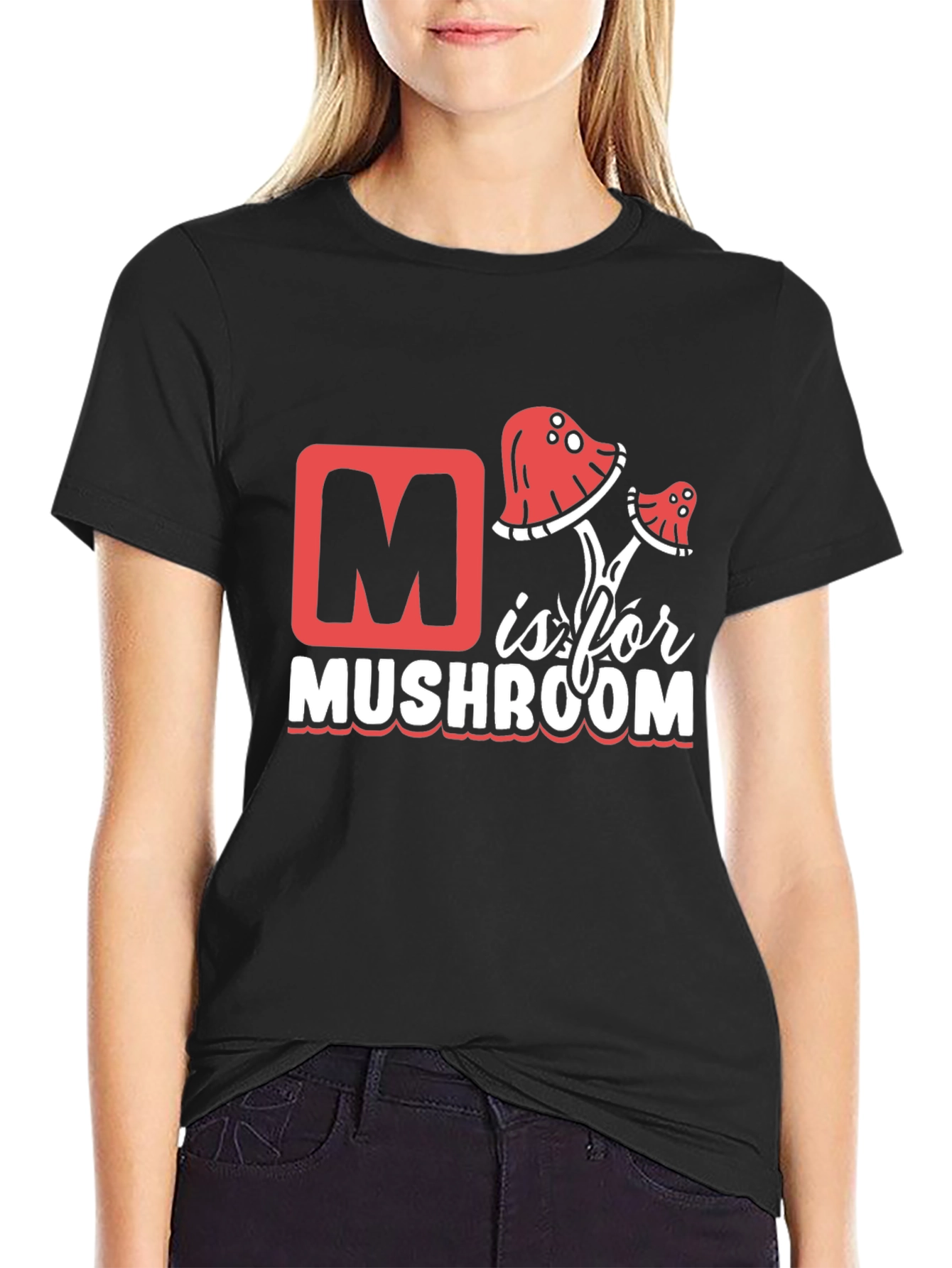 M is for Mushroom Black T-Shirt