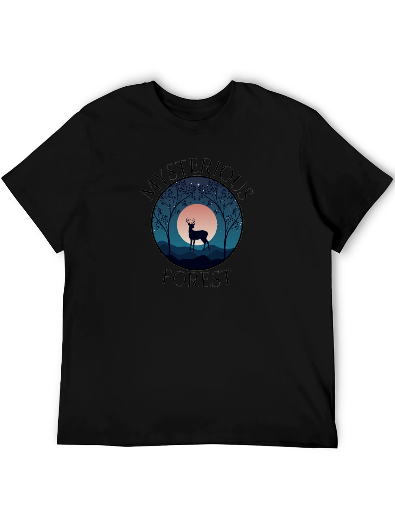 Mysterious Forest Deer Graphic T-Shirt - Black