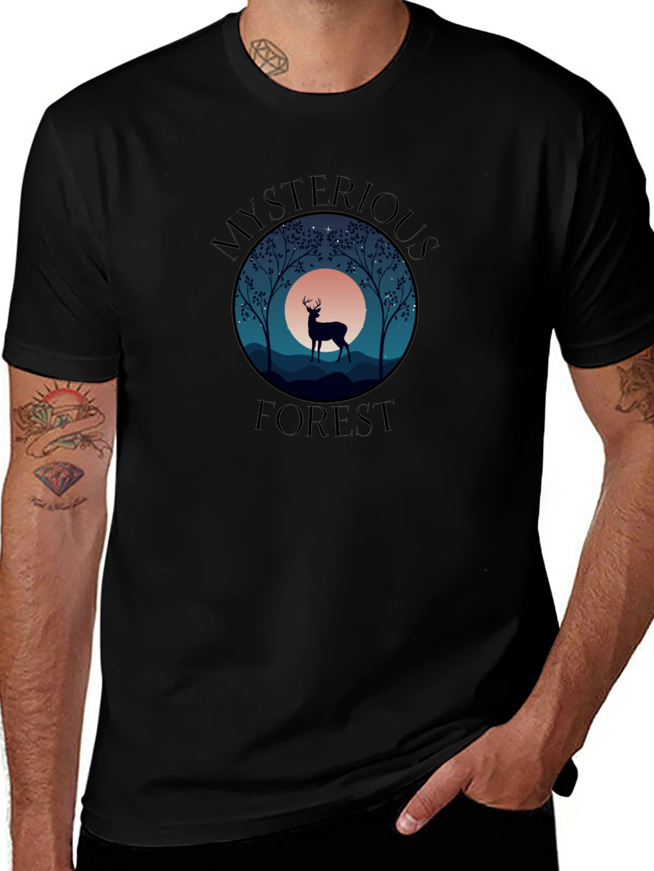 Mysterious Forest Deer Graphic T-Shirt - Black