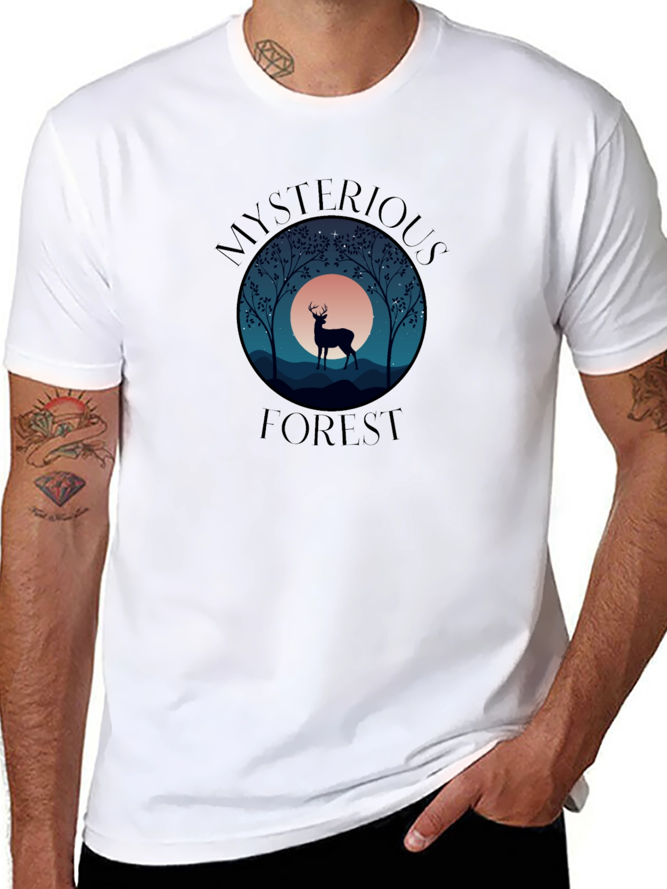 Mysterious Forest Deer Graphic T-Shirt - Black