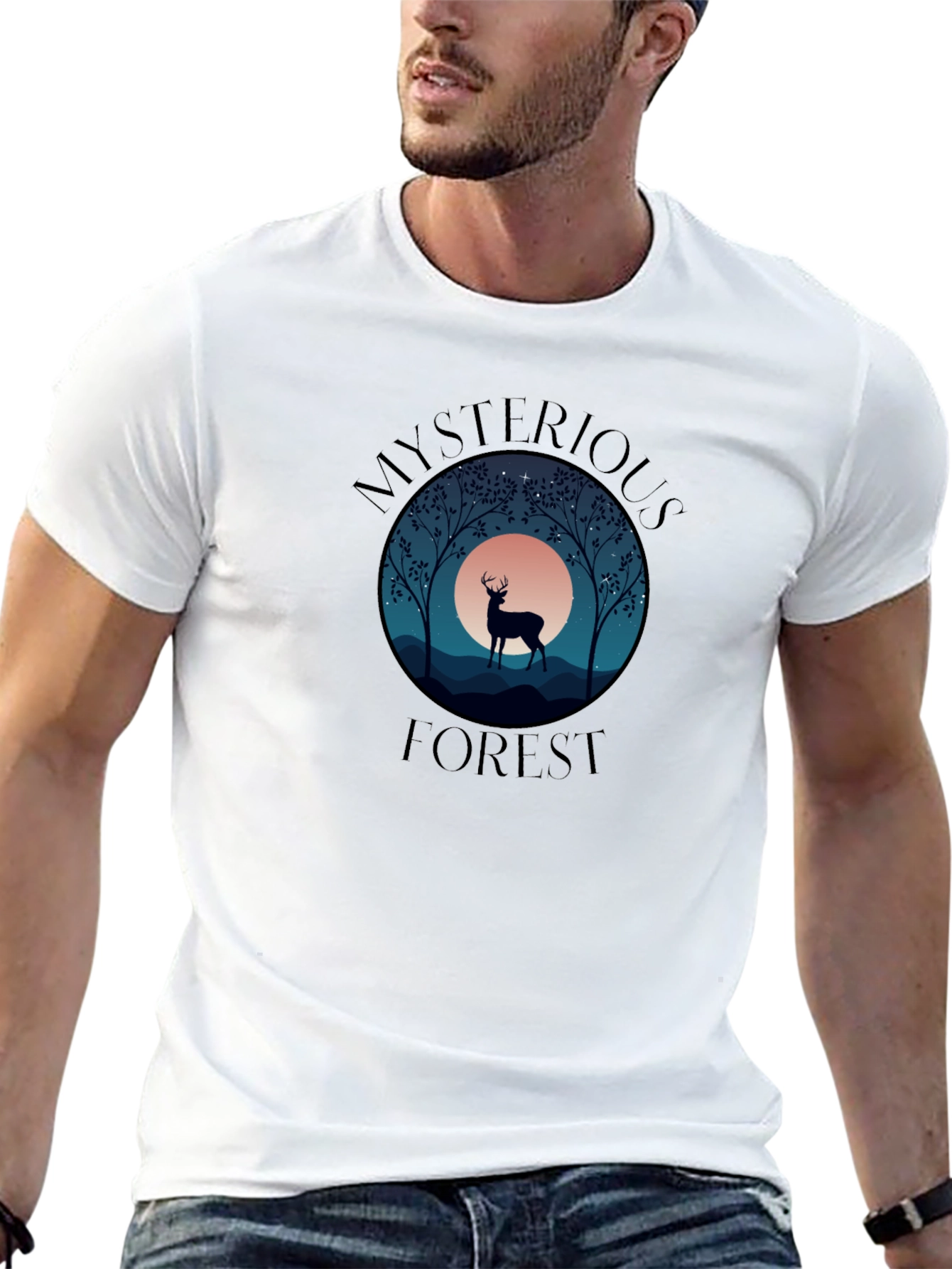 Mysterious Forest Deer Graphic T-Shirt - Black