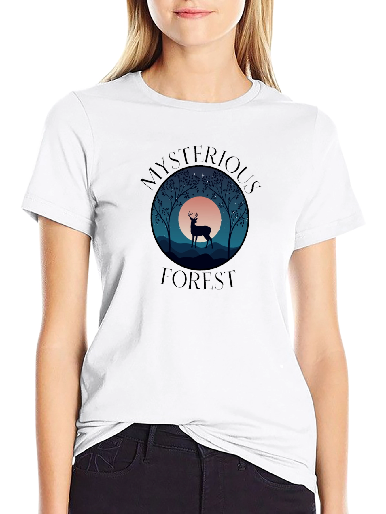 Mysterious Forest Deer Graphic T-Shirt - Black