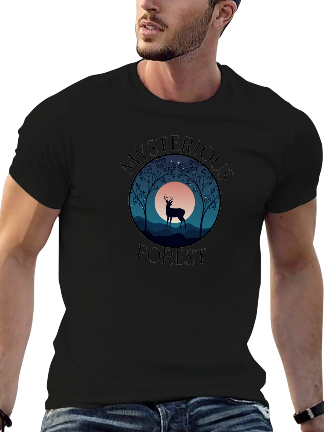 Mysterious Forest Deer Graphic T-Shirt - Black