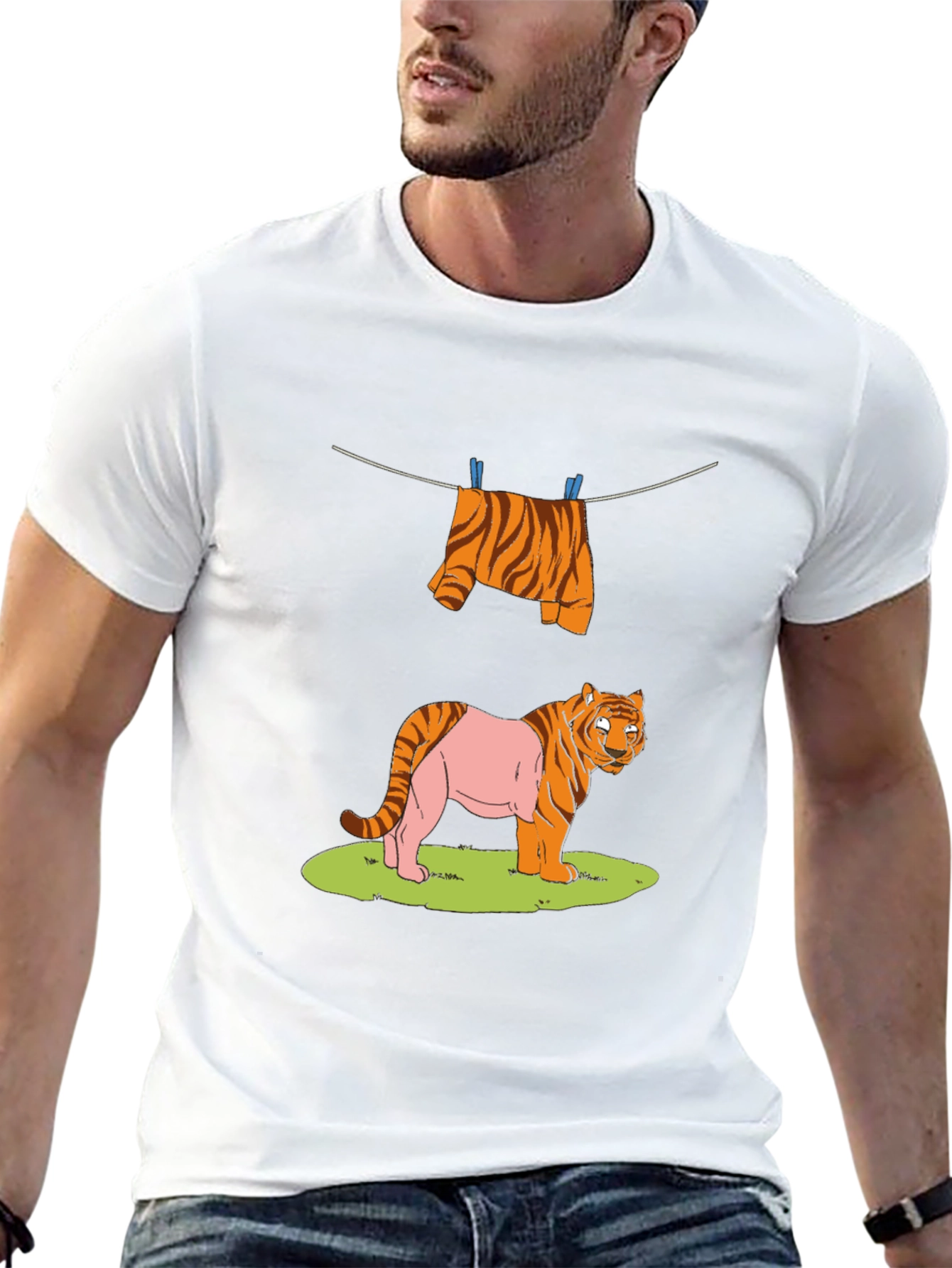 Funny Tiger Clothesline Graphic T-Shirt