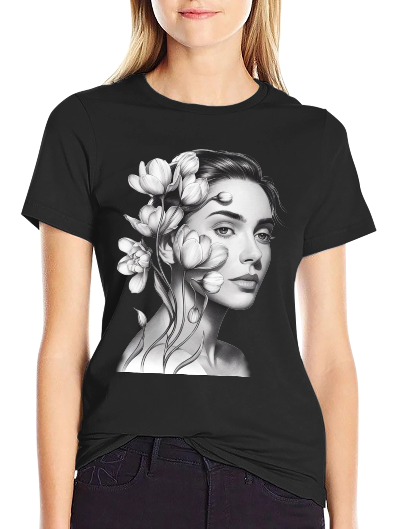 Floral Woman Graphic T-Shirt - Black