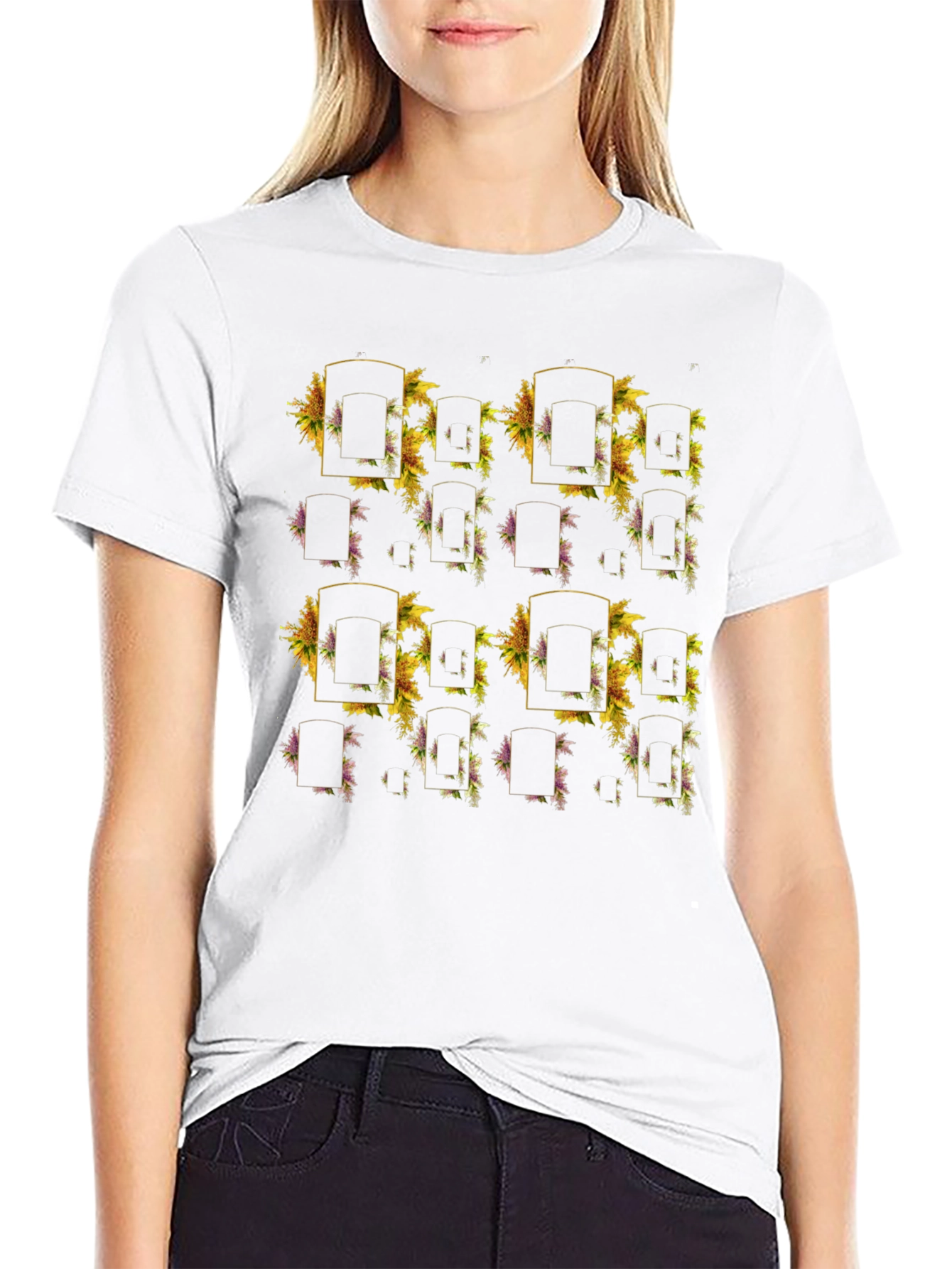 Floral Framed Patterned Black T-Shirt