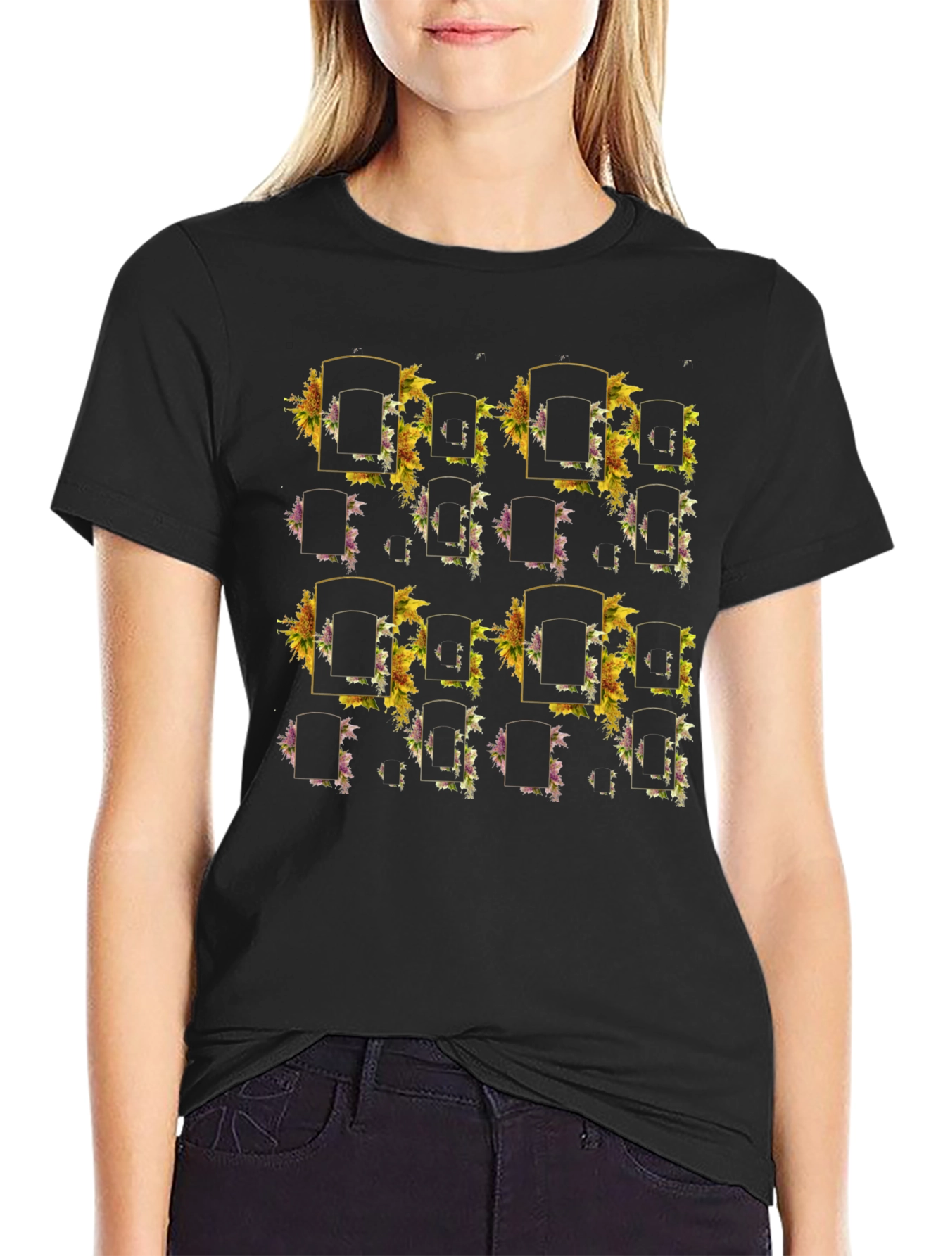 Floral Framed Patterned Black T-Shirt