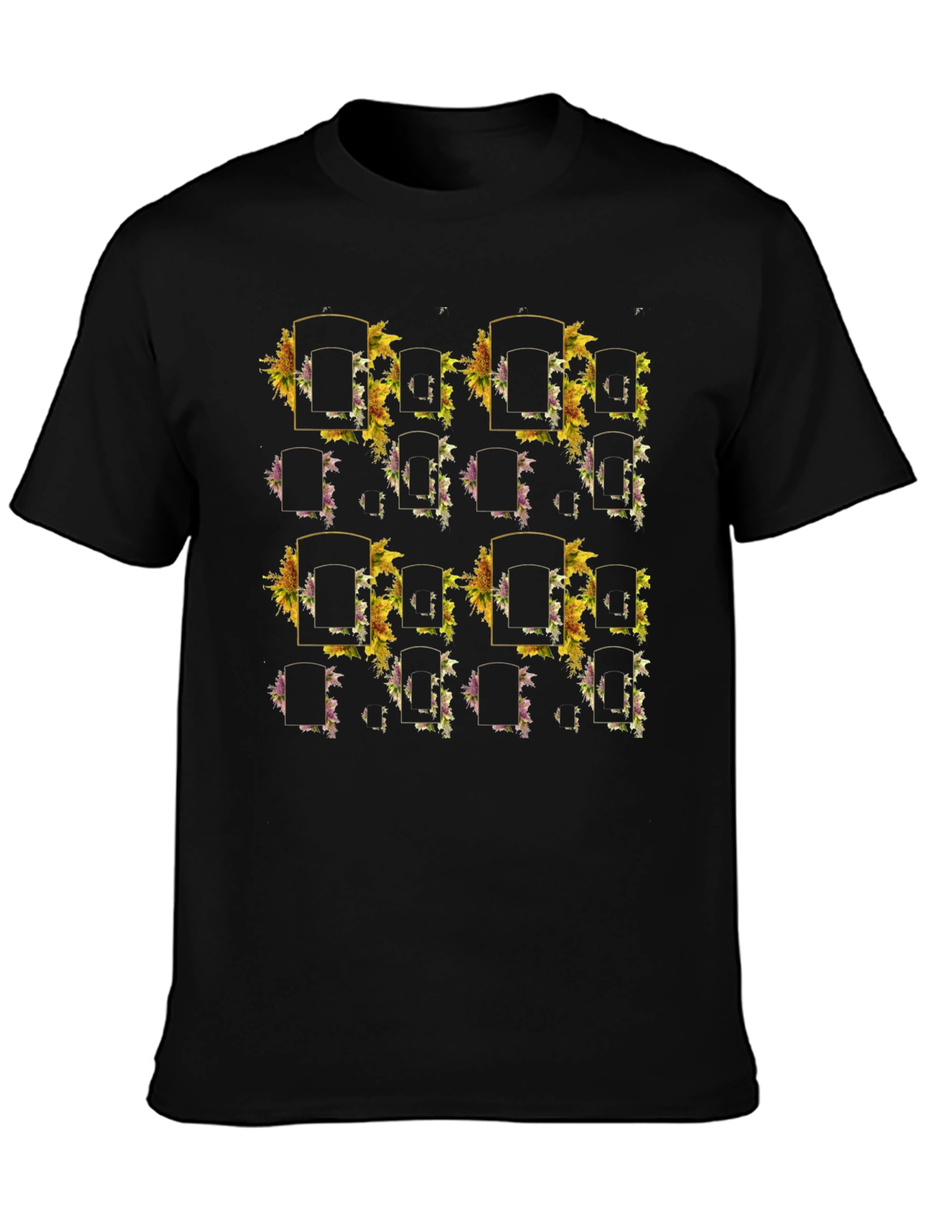 Floral Framed Patterned Black T-Shirt