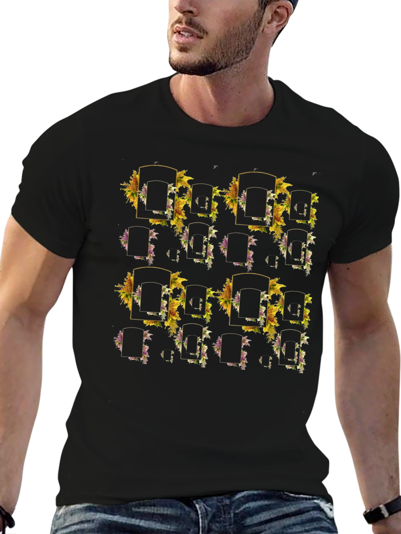 Floral Framed Patterned Black T-Shirt