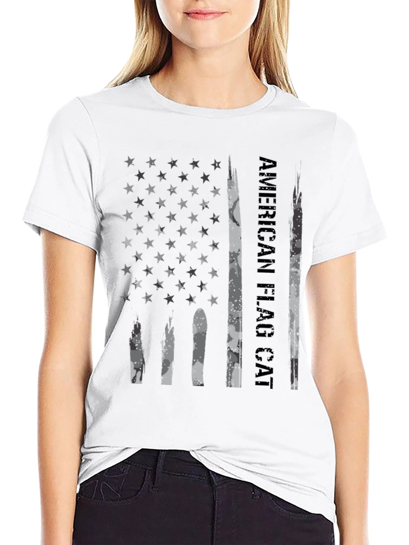 American Flag Cat T-Shirt Black Graphic Tee
