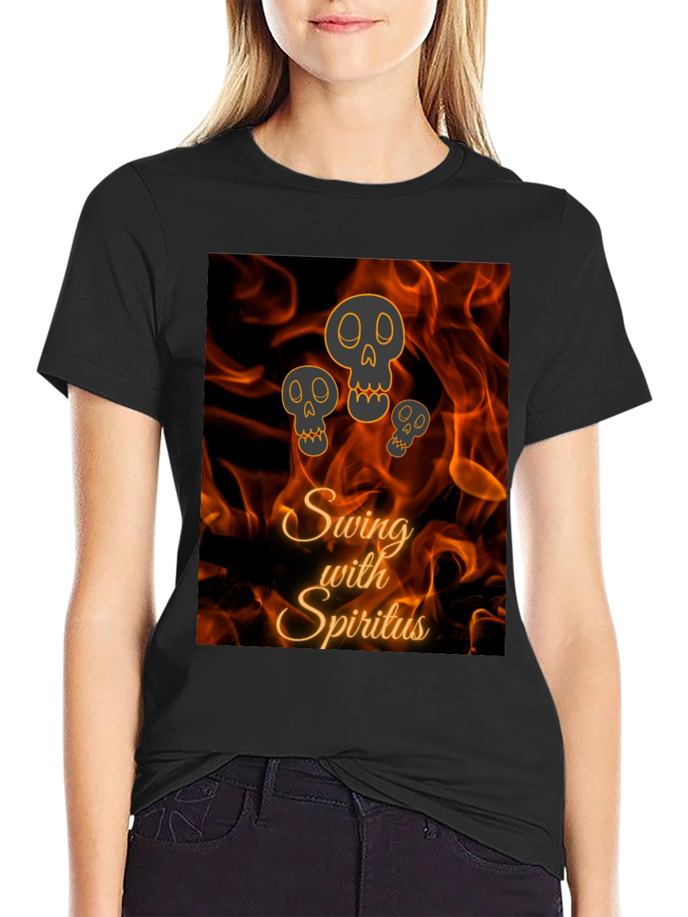 Swing with Spiritus T-Shirt - Fiery Skull Design