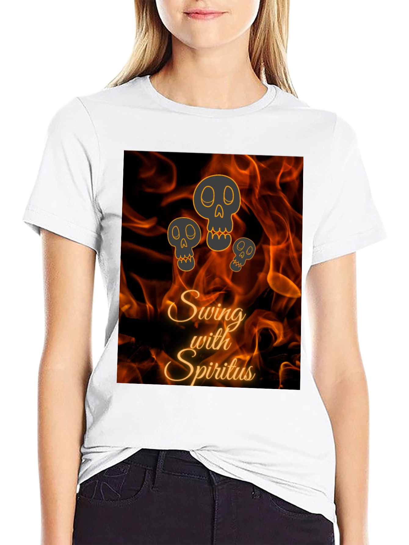 Swing with Spiritus T-Shirt - Fiery Skull Design