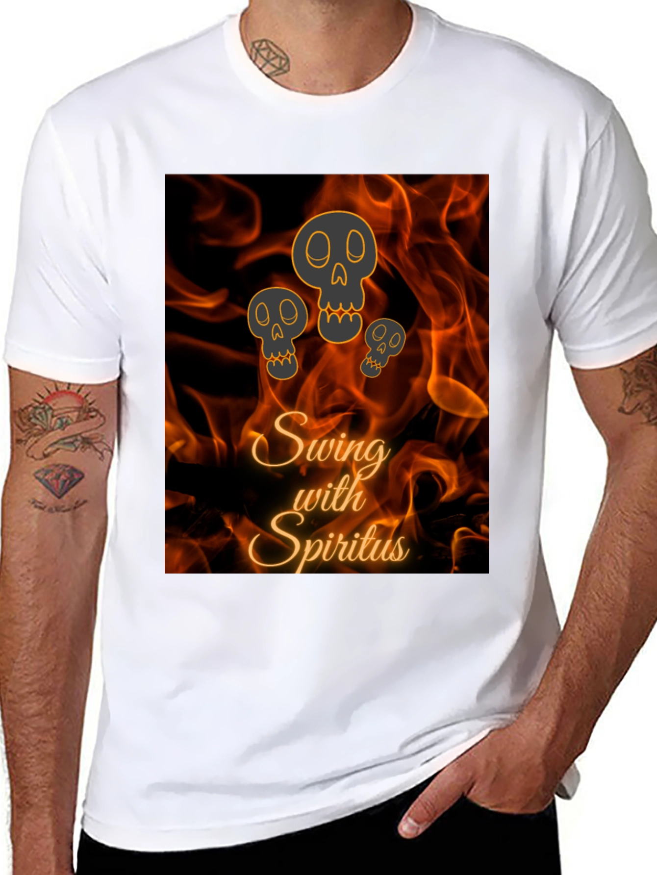 Swing with Spiritus T-Shirt - Fiery Skull Design