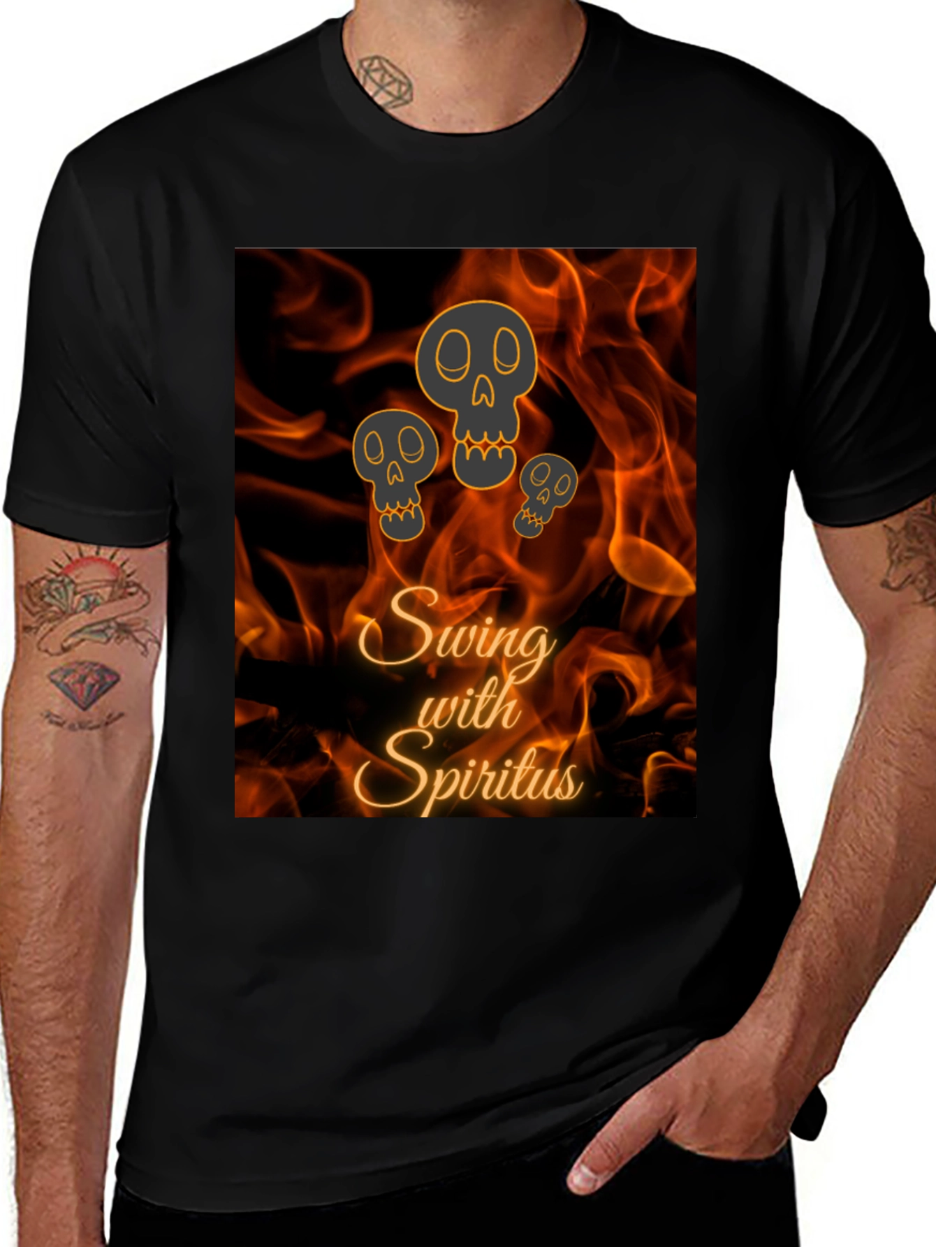 Swing with Spiritus T-Shirt - Fiery Skull Design