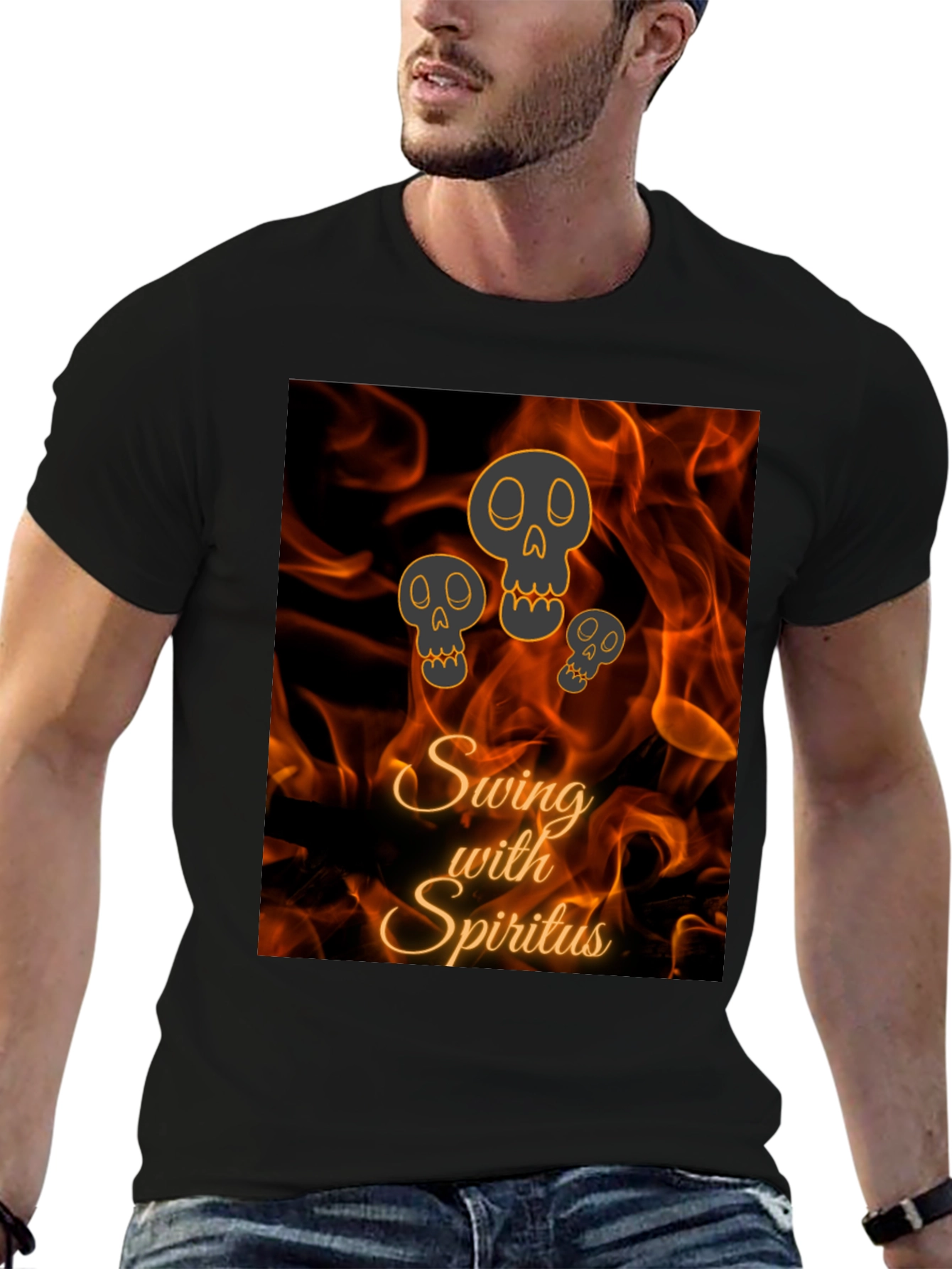 Swing with Spiritus T-Shirt - Fiery Skull Design