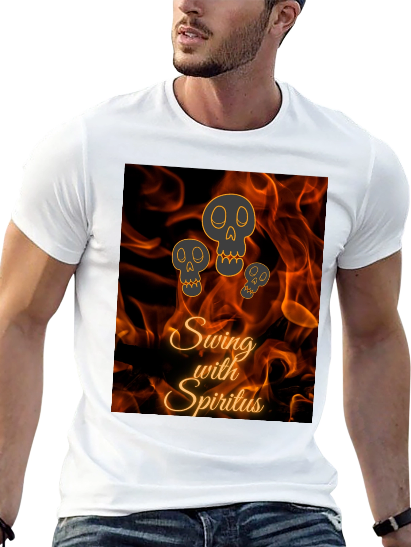 Swing with Spiritus T-Shirt - Fiery Skull Design