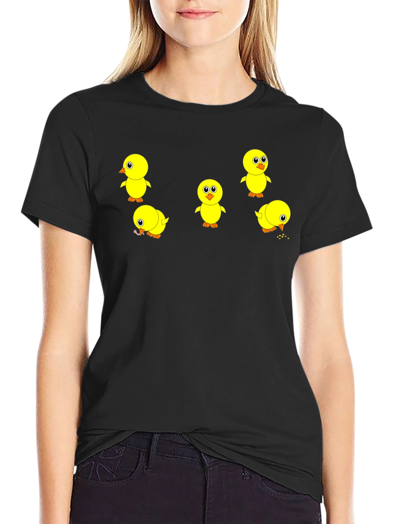 Cute Chick Print Black T-Shirt