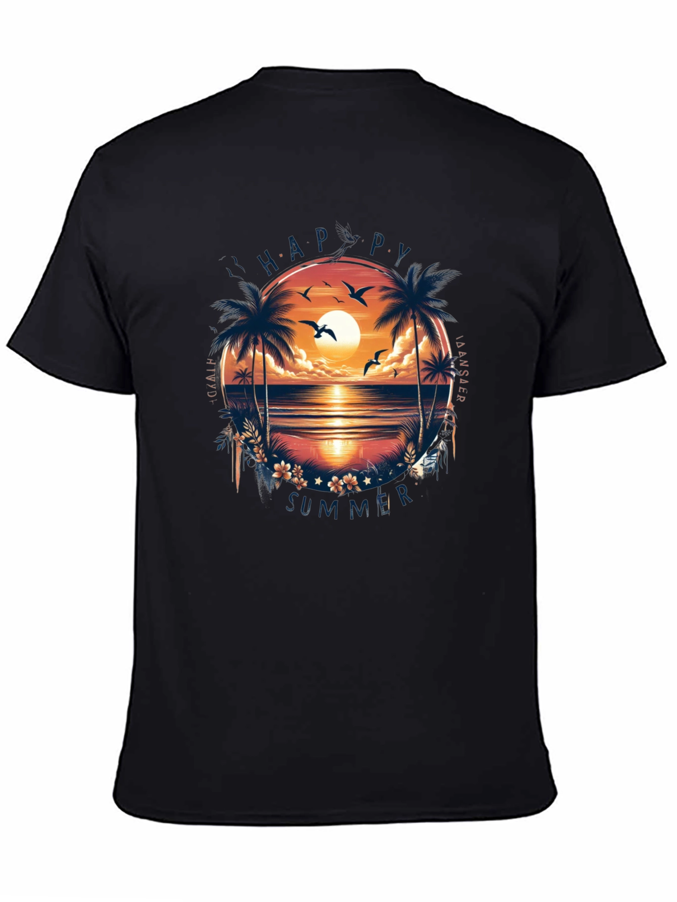 Happy Summer Palm Tree Graphic Black T-Shirt