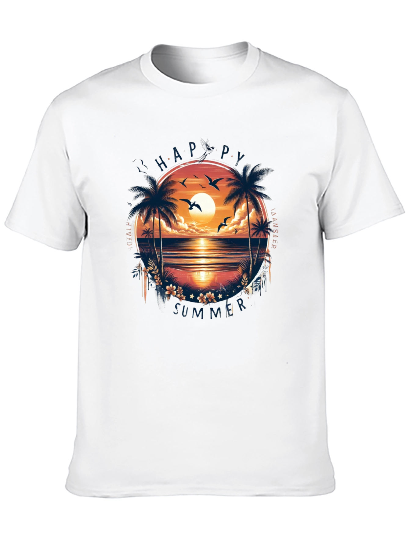 Happy Summer Palm Tree Graphic Black T-Shirt