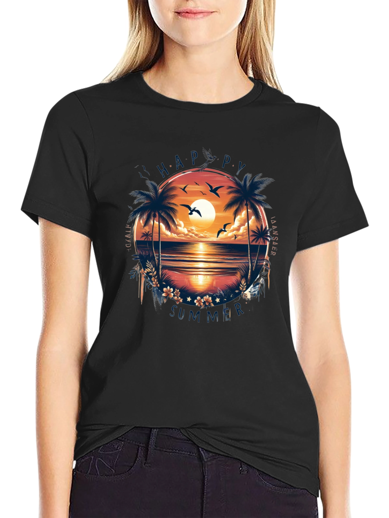 Happy Summer Palm Tree Graphic Black T-Shirt