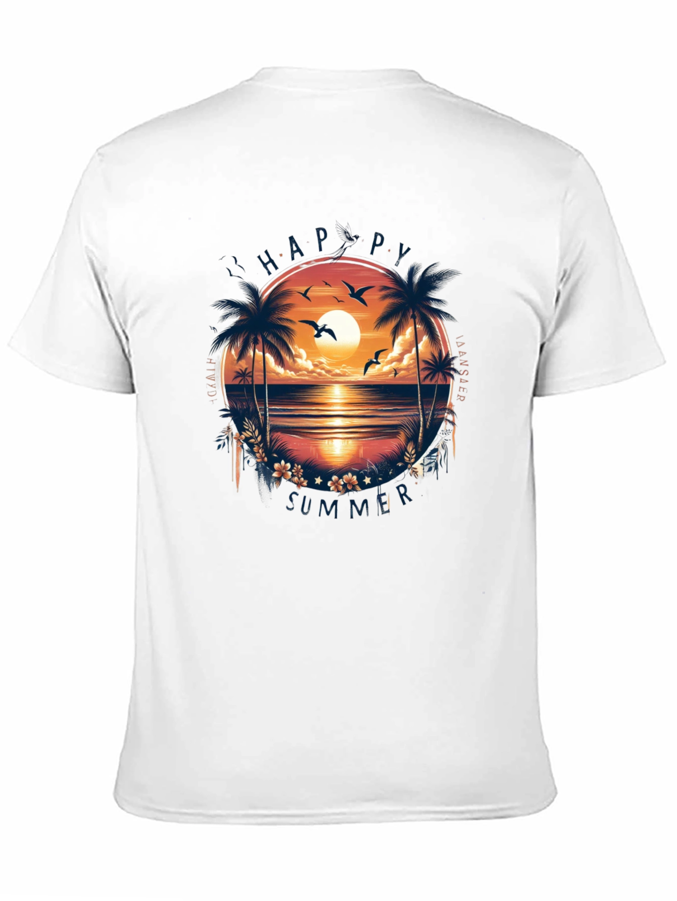 Happy Summer Palm Tree Graphic Black T-Shirt