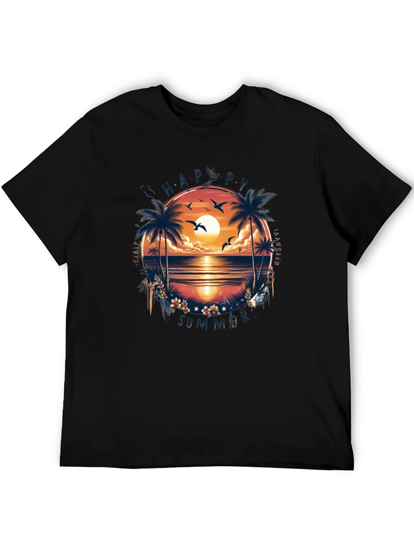 Happy Summer Palm Tree Graphic Black T-Shirt