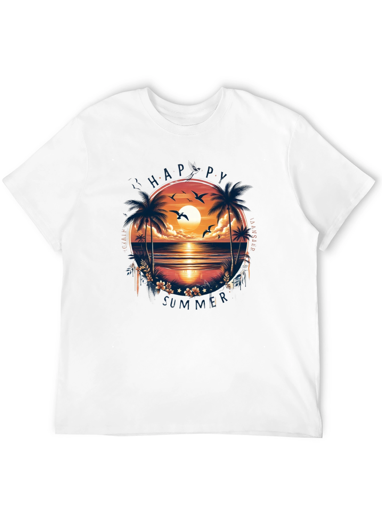 Happy Summer Palm Tree Graphic Black T-Shirt