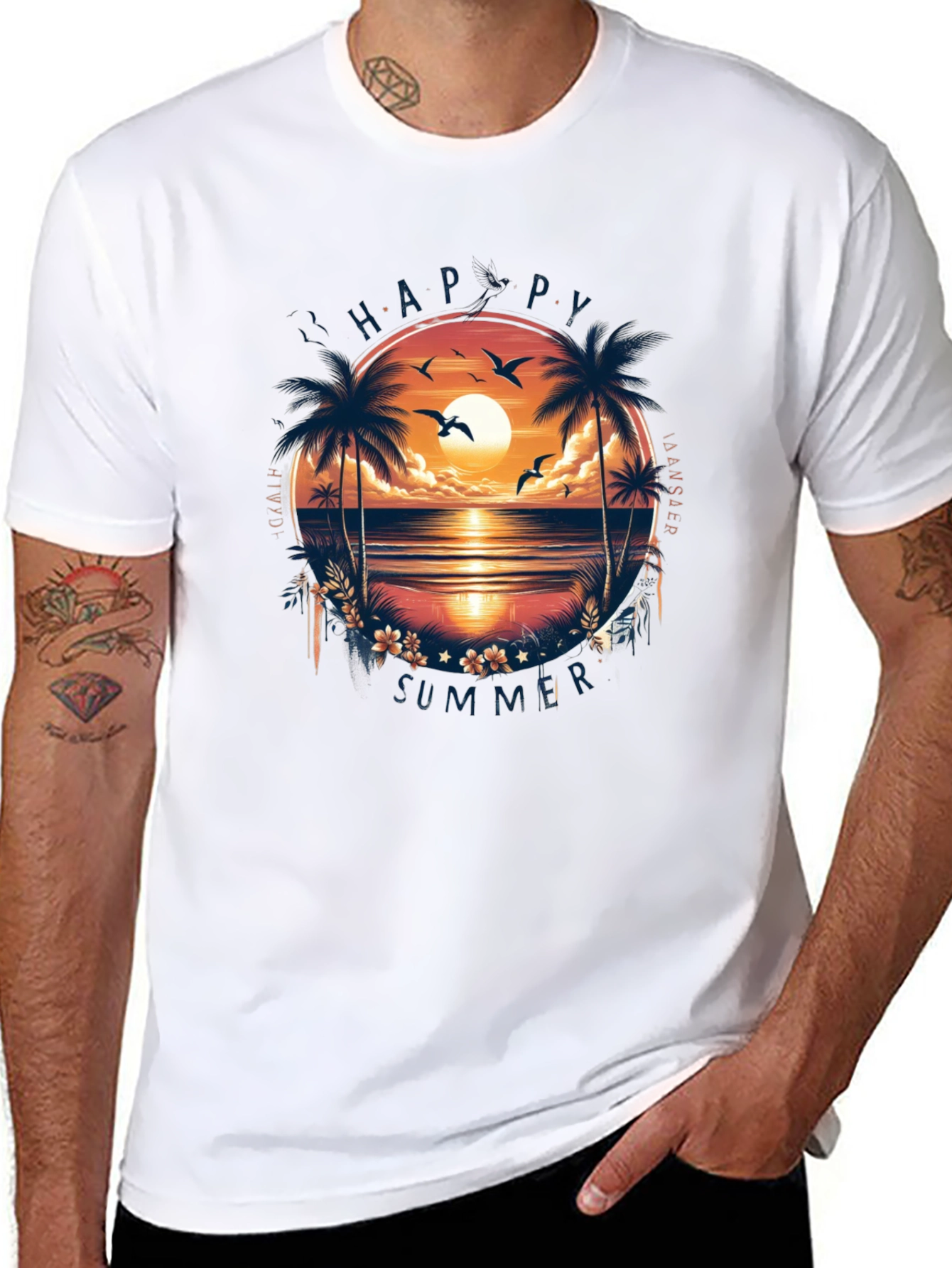 Happy Summer Palm Tree Graphic Black T-Shirt