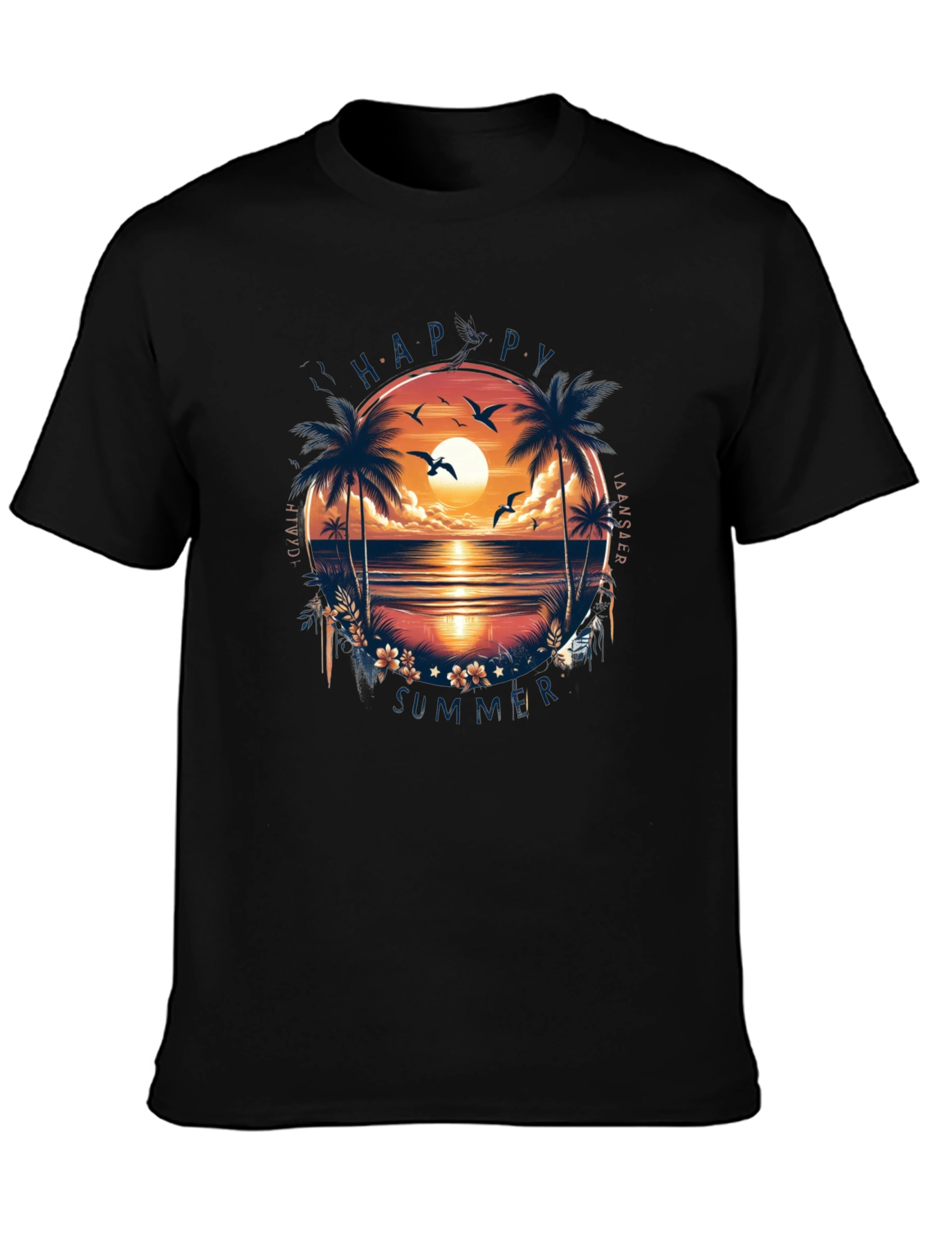 Happy Summer Palm Tree Graphic Black T-Shirt