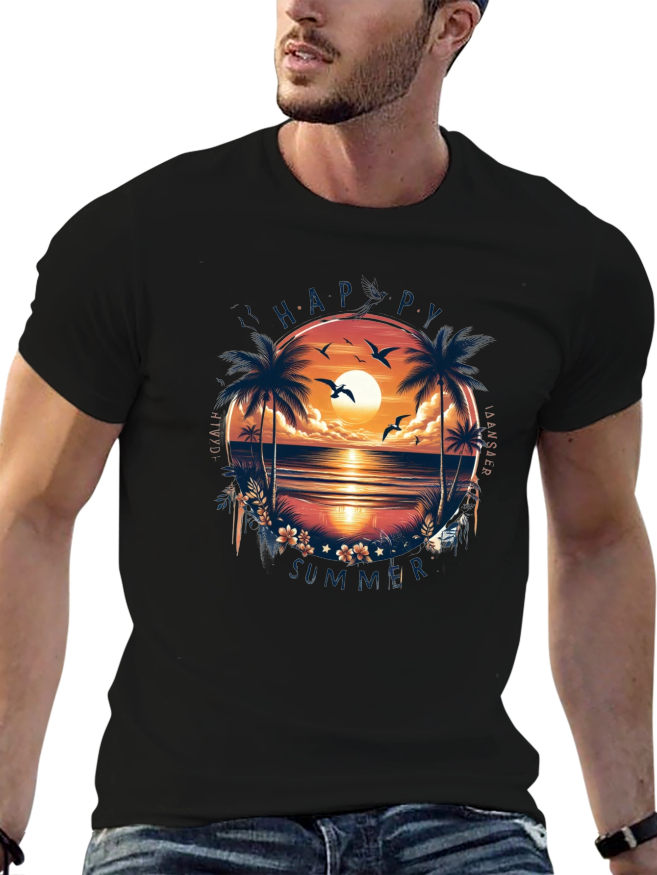 Happy Summer Palm Tree Graphic Black T-Shirt
