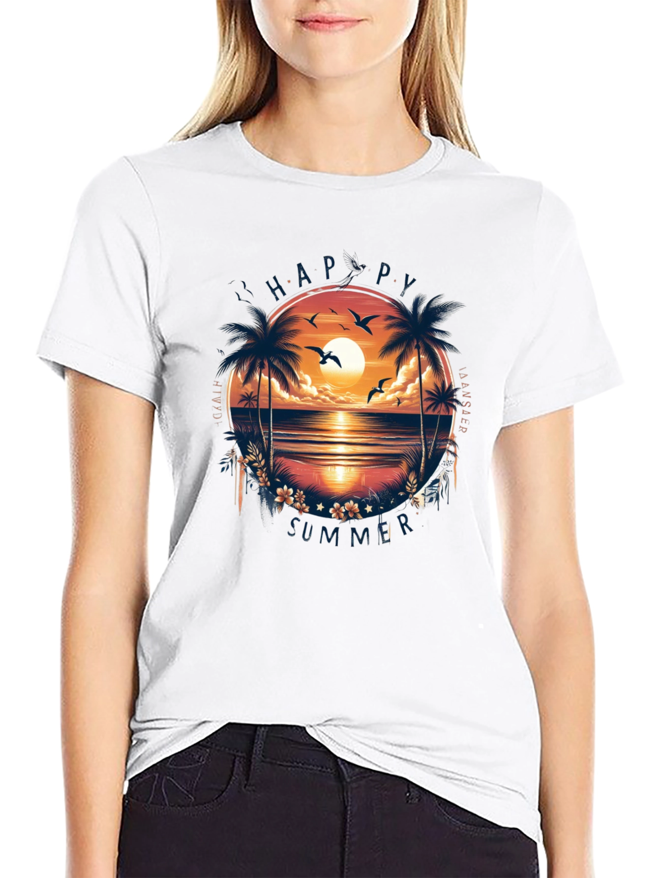 Happy Summer Palm Tree Graphic Black T-Shirt